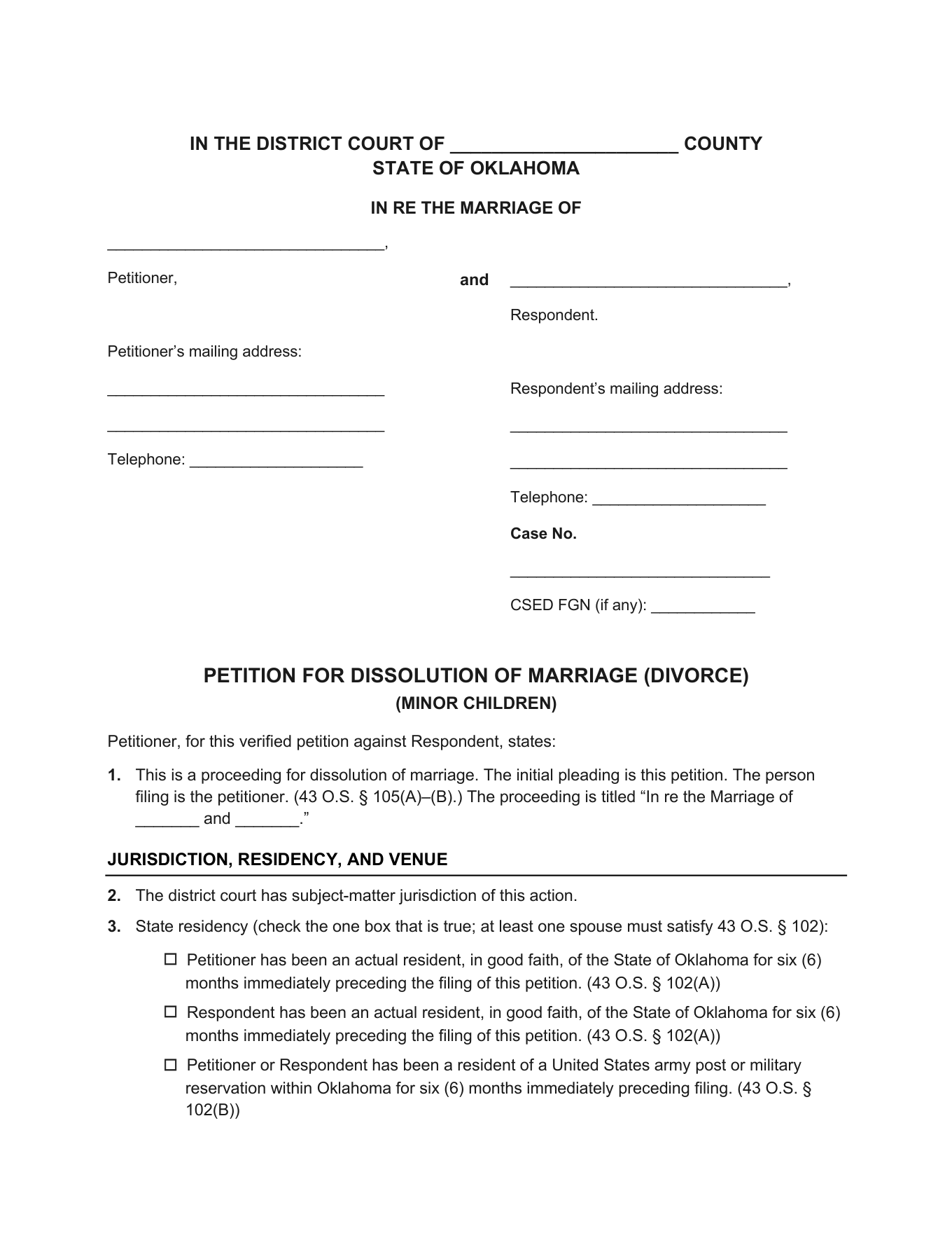 Page 1 of the blank Oklahoma Petition for Dissolution of Marriage (Minor Children) included in the download