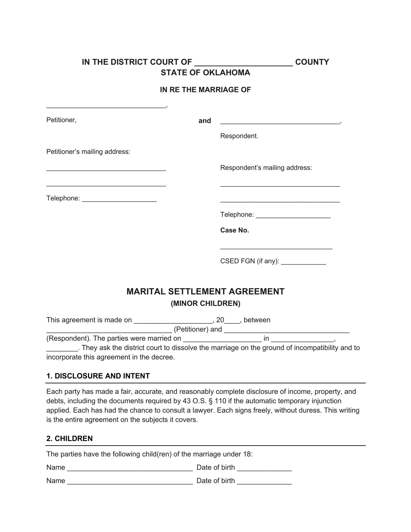 Page 1 of the blank Oklahoma Marital Settlement Agreement (Minor Children) included in the download