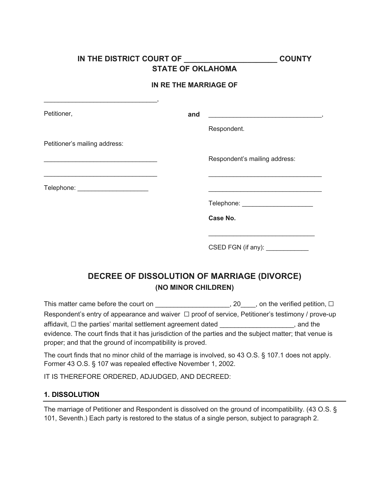 Page 1 of the blank Oklahoma Decree of Dissolution of Marriage (No Minor Children) included in the download
