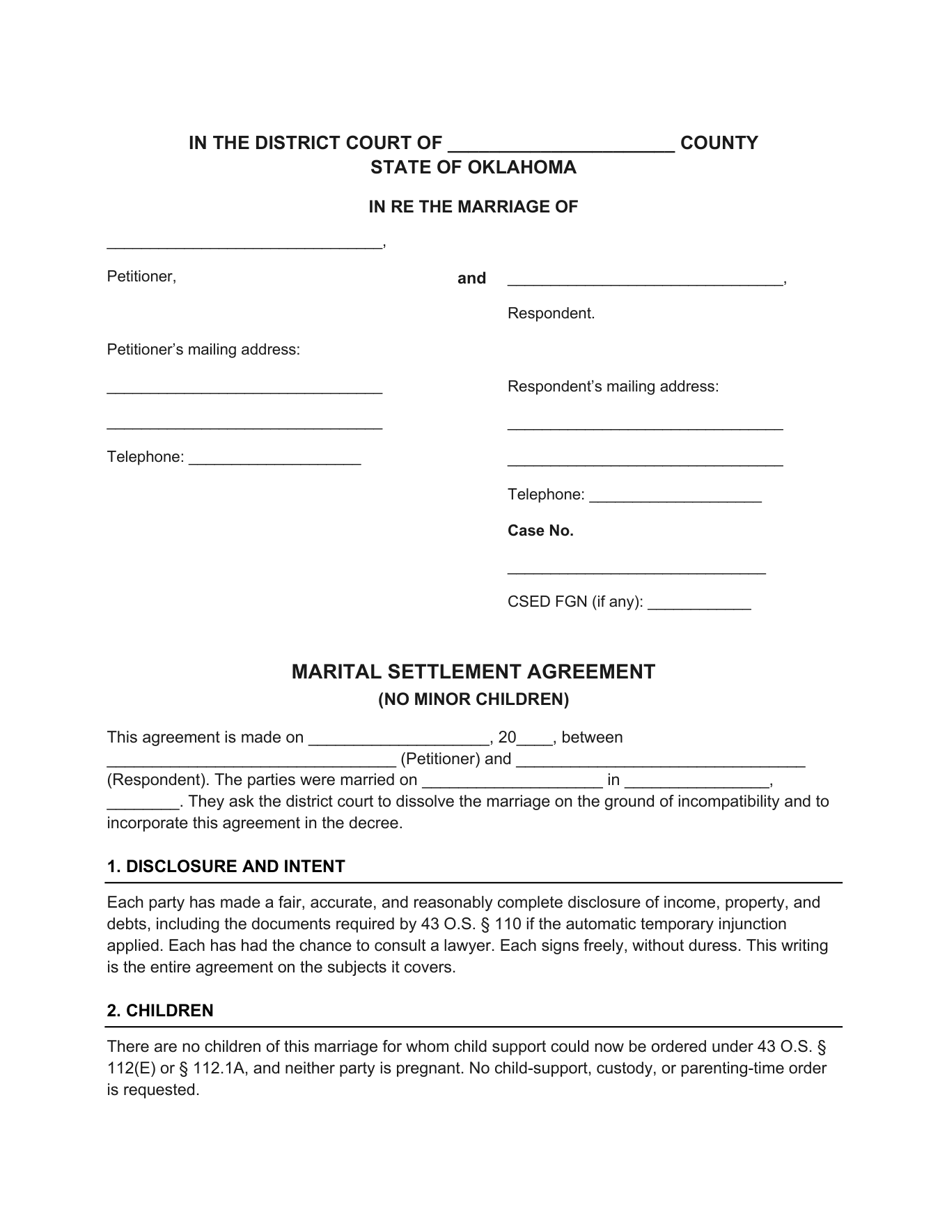 Page 1 of the blank Oklahoma Marital Settlement Agreement (No Children) included in the download