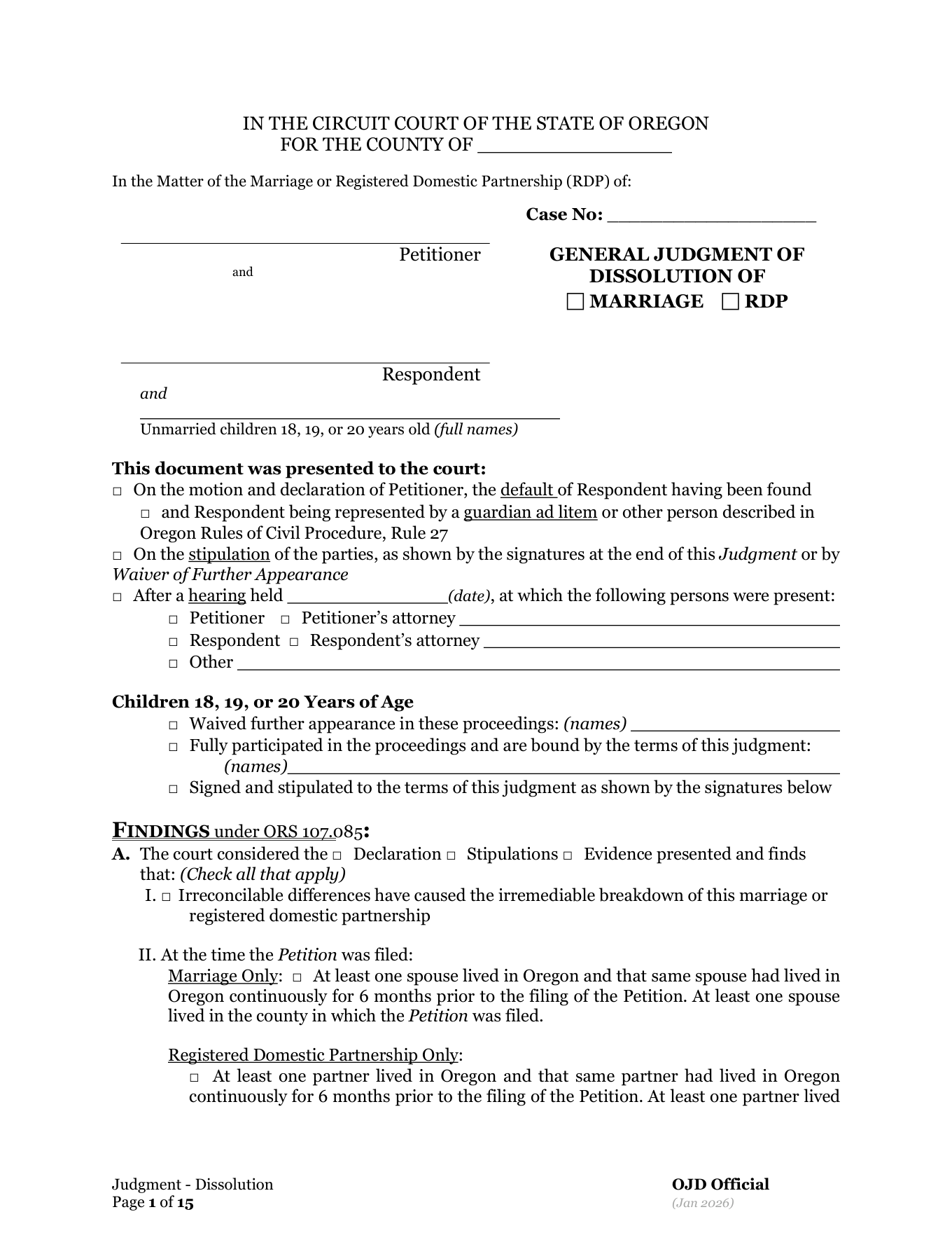 Page 1 of the official Oregon General Judgment of Dissolution (With Children Under 18) included in the download