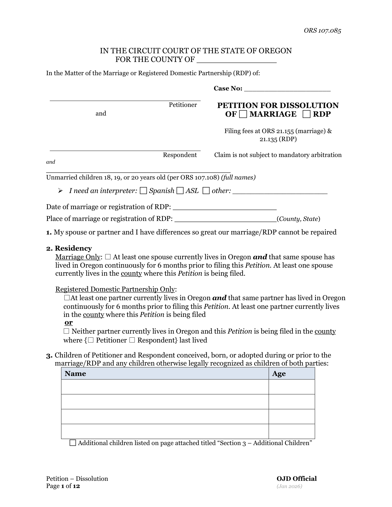 Page 1 of the official Oregon Petition for Dissolution of Marriage (With Children Under 18) included in the download