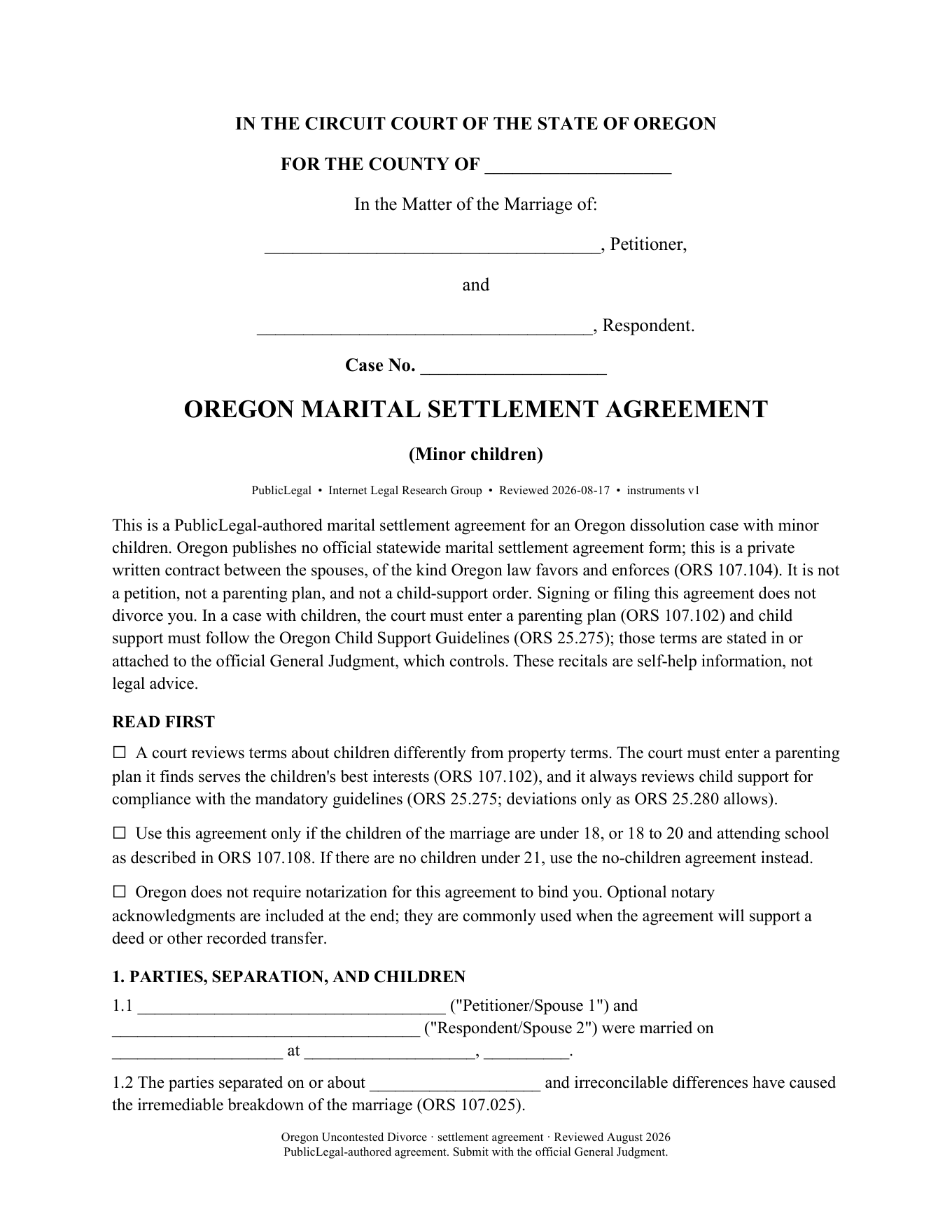 Page 1 of the PublicLegal Oregon Marital Settlement Agreement (Minor Children) included in the download