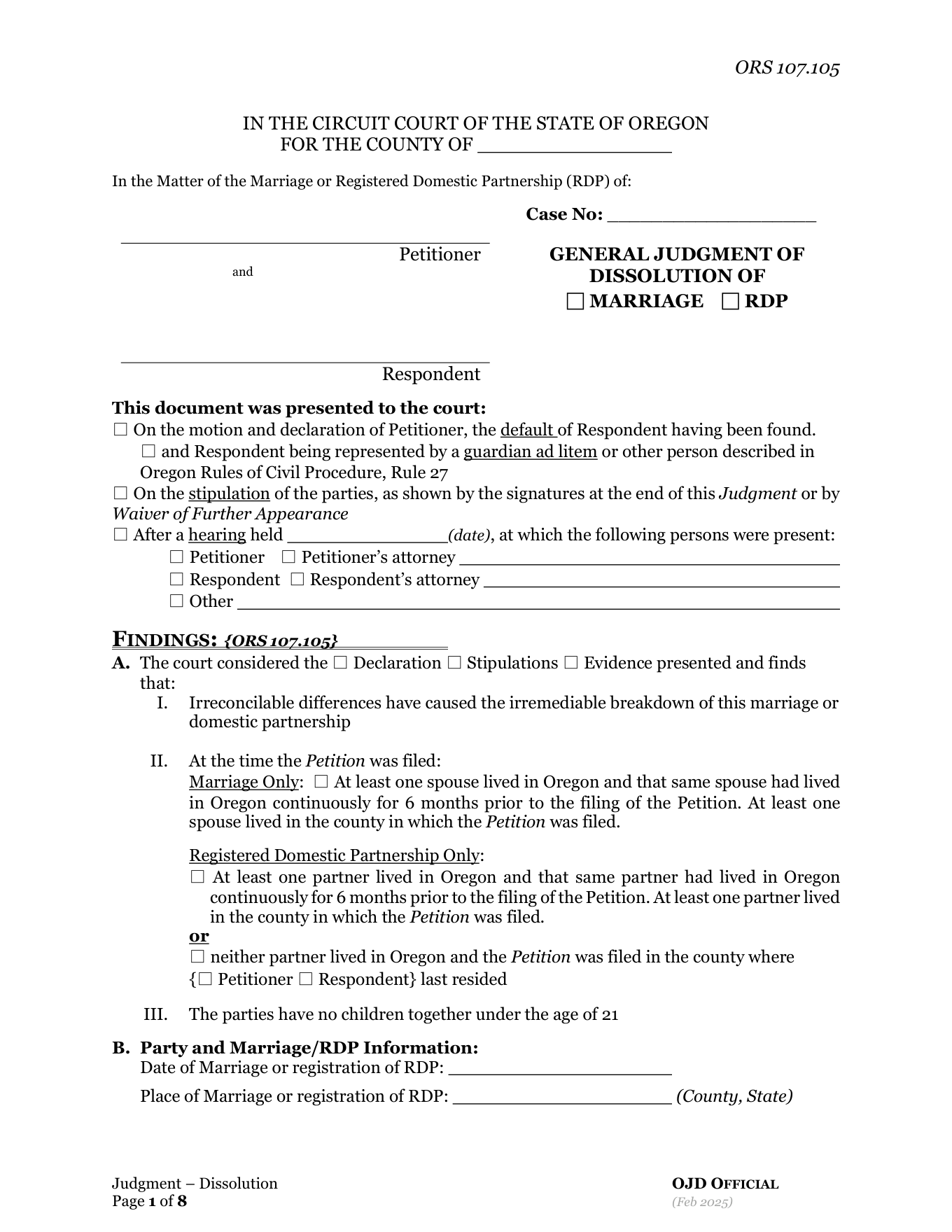 Page 1 of the official Oregon General Judgment of Dissolution (No Children Under 21) included in the download