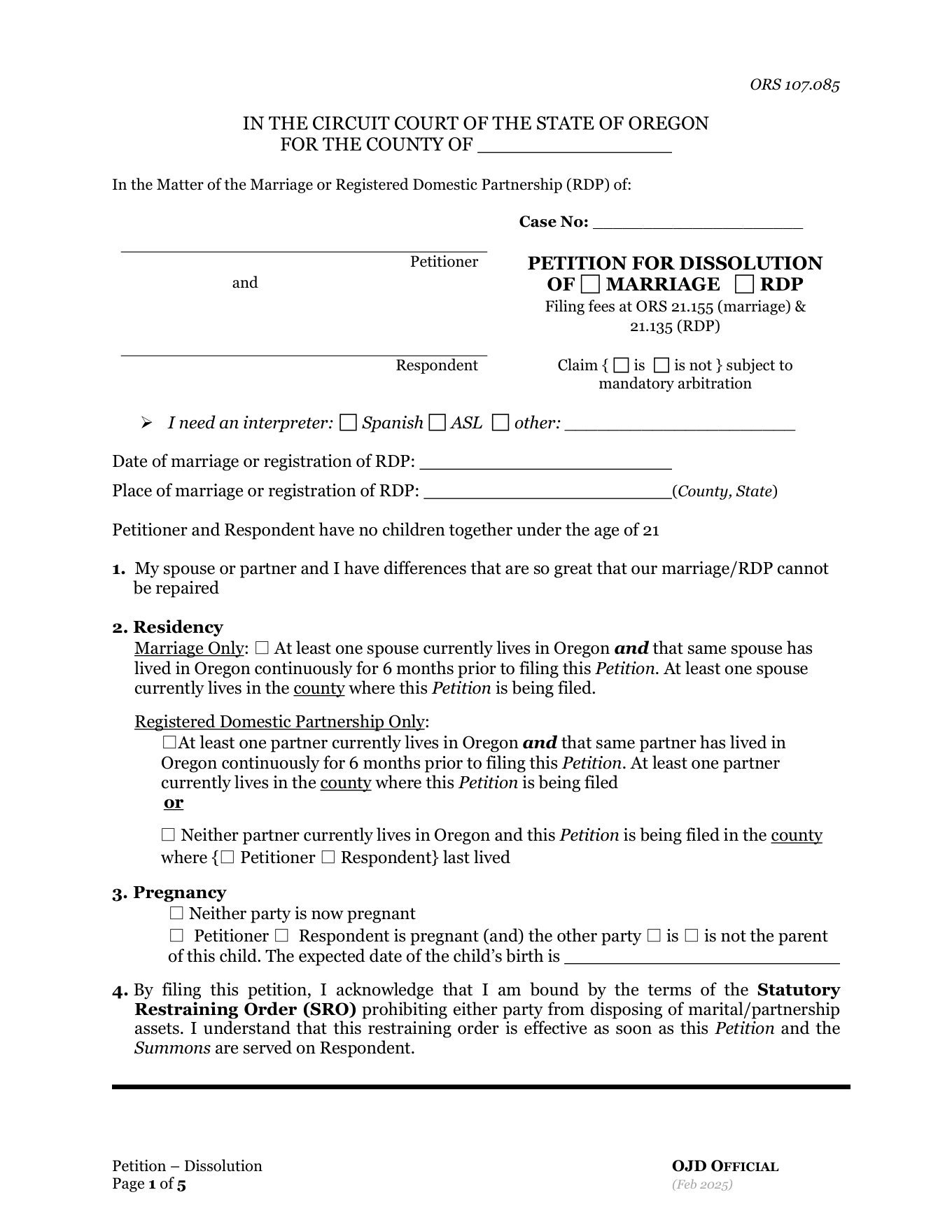 Page 1 of the official Oregon Petition for Dissolution of Marriage (No Children Under 21) included in the download