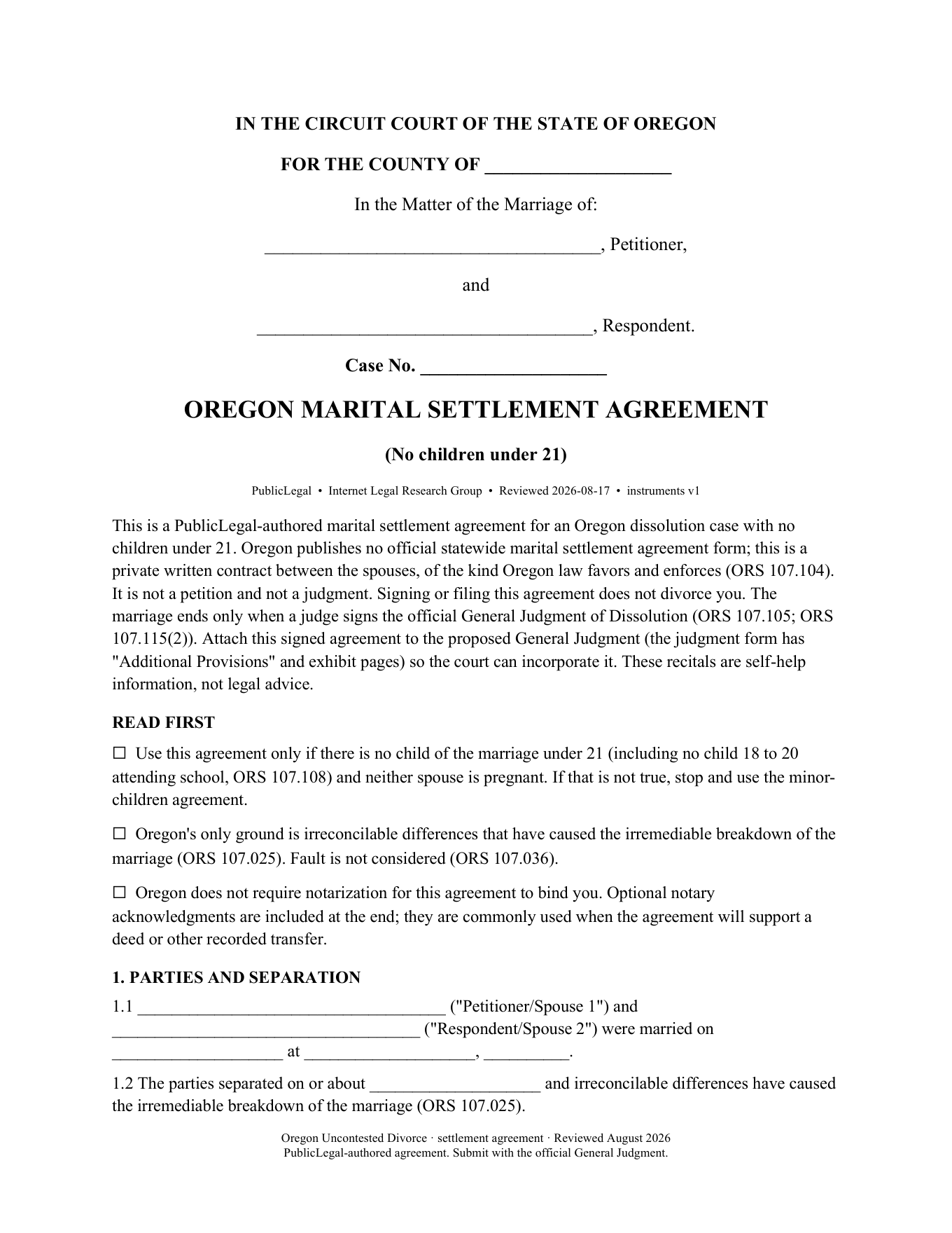 Page 1 of the PublicLegal Oregon Marital Settlement Agreement (No Children Under 21) included in the download