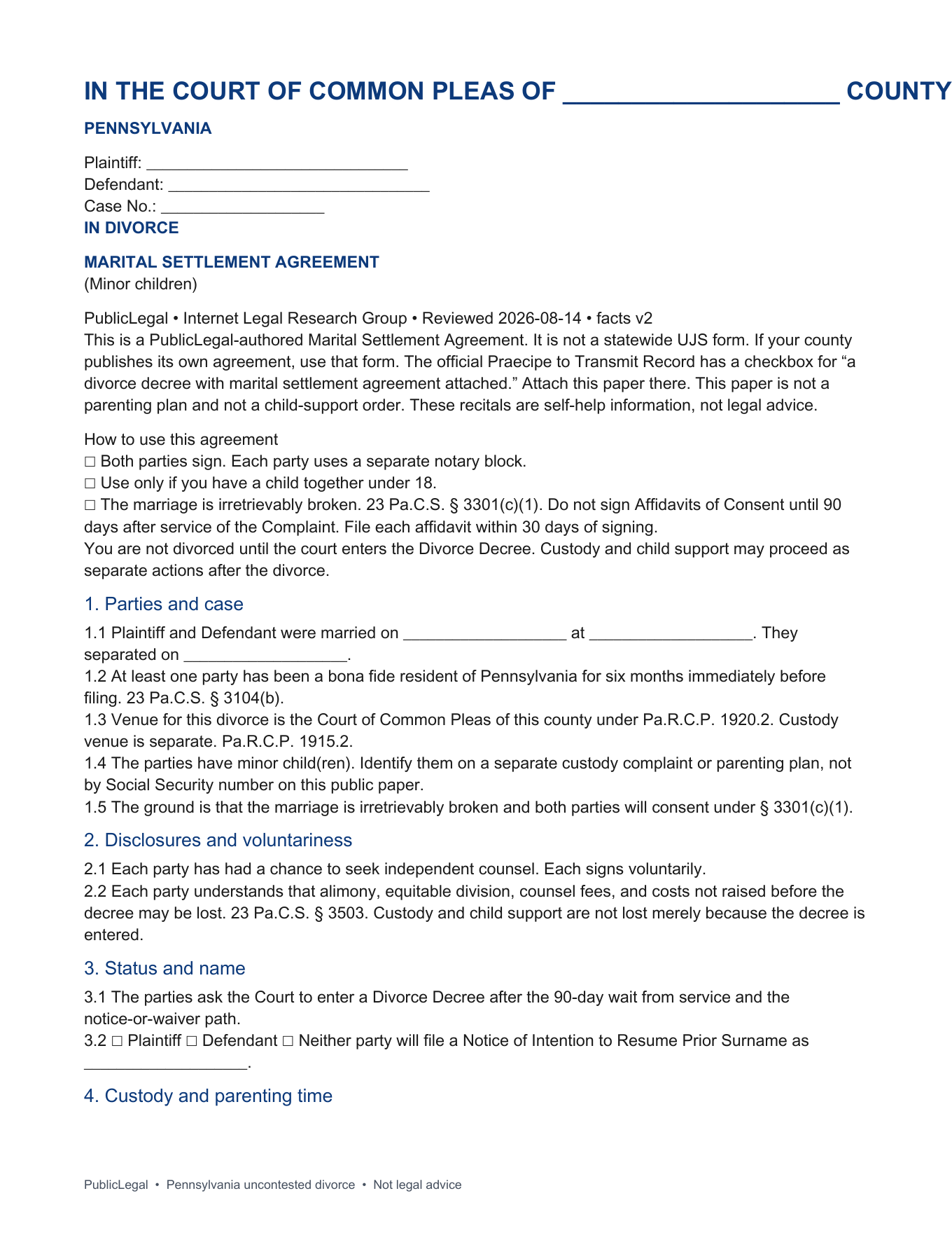 First page of the PublicLegal Pennsylvania children marital settlement agreement included in the download