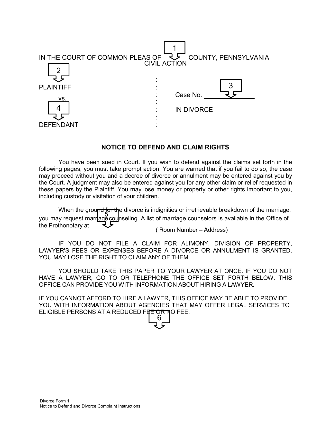 Page 1 of the blank official Pennsylvania Form 1 Notice to Defend and Divorce Complaint included in the no-children download