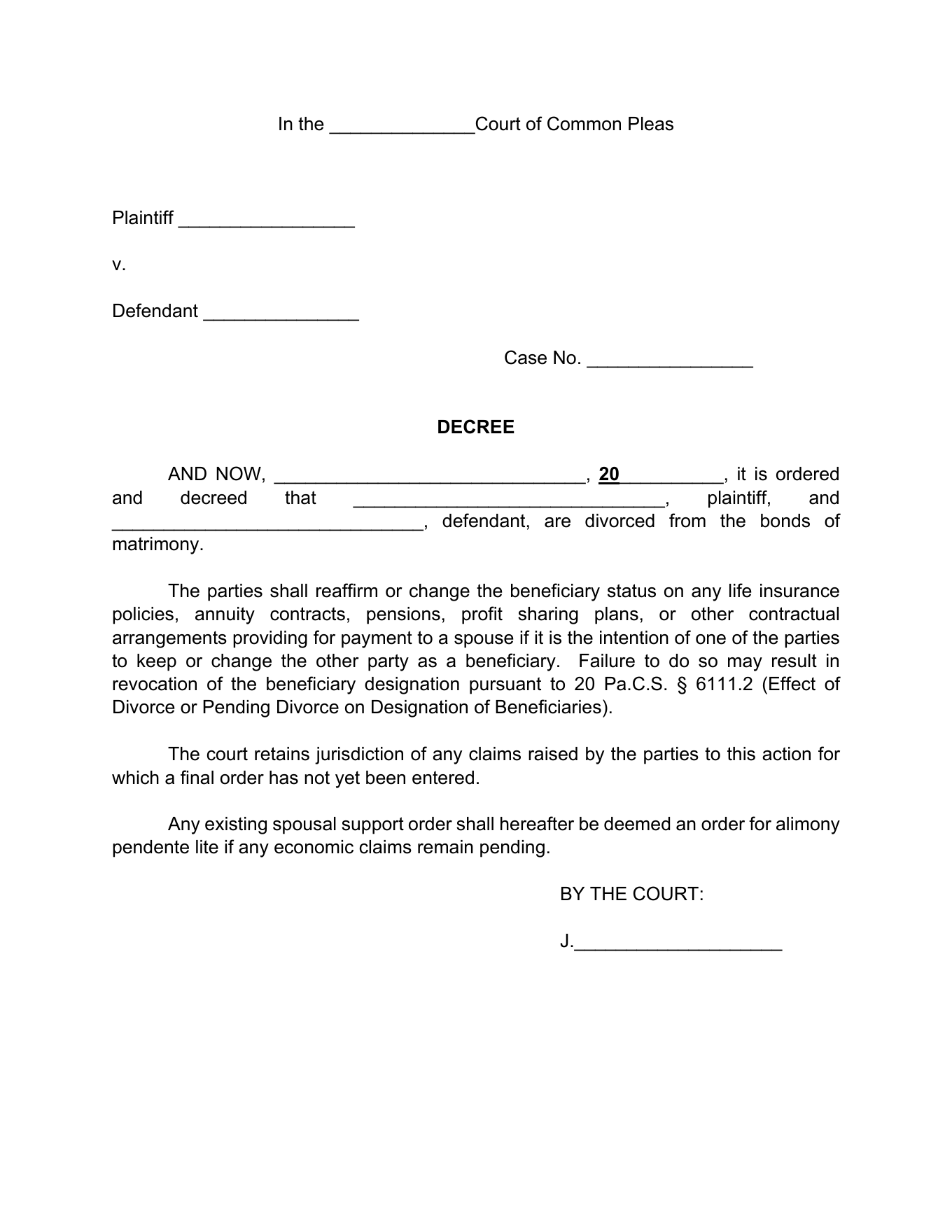 Page 1 of the official Pennsylvania Divorce Decree included in the no-children download