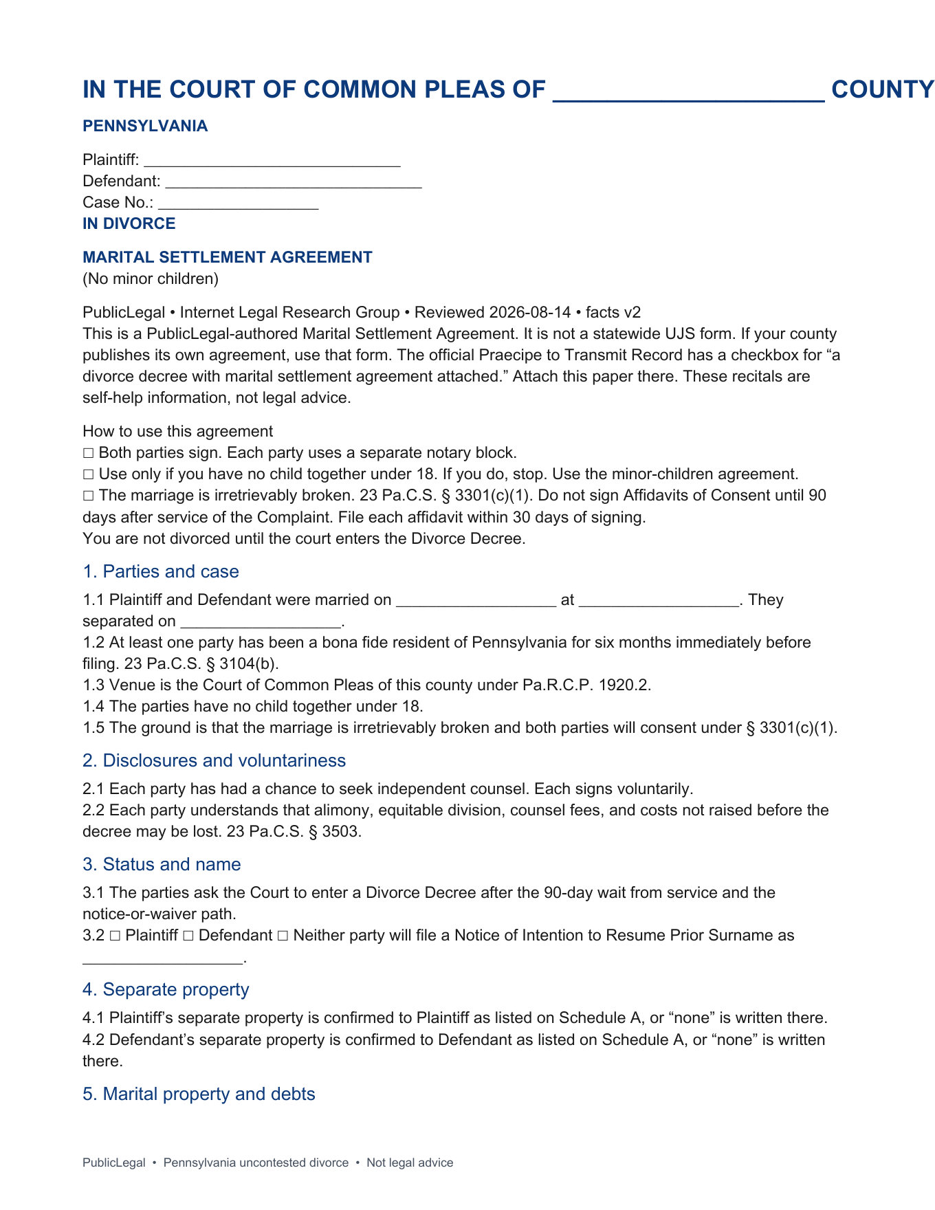 First page of the PublicLegal Pennsylvania no-children marital settlement agreement included in the download