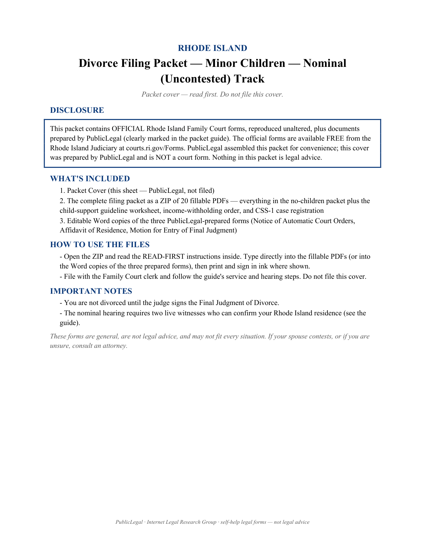 Cover page of the PublicLegal Rhode Island divorce packet instructions (minor children) included in the download