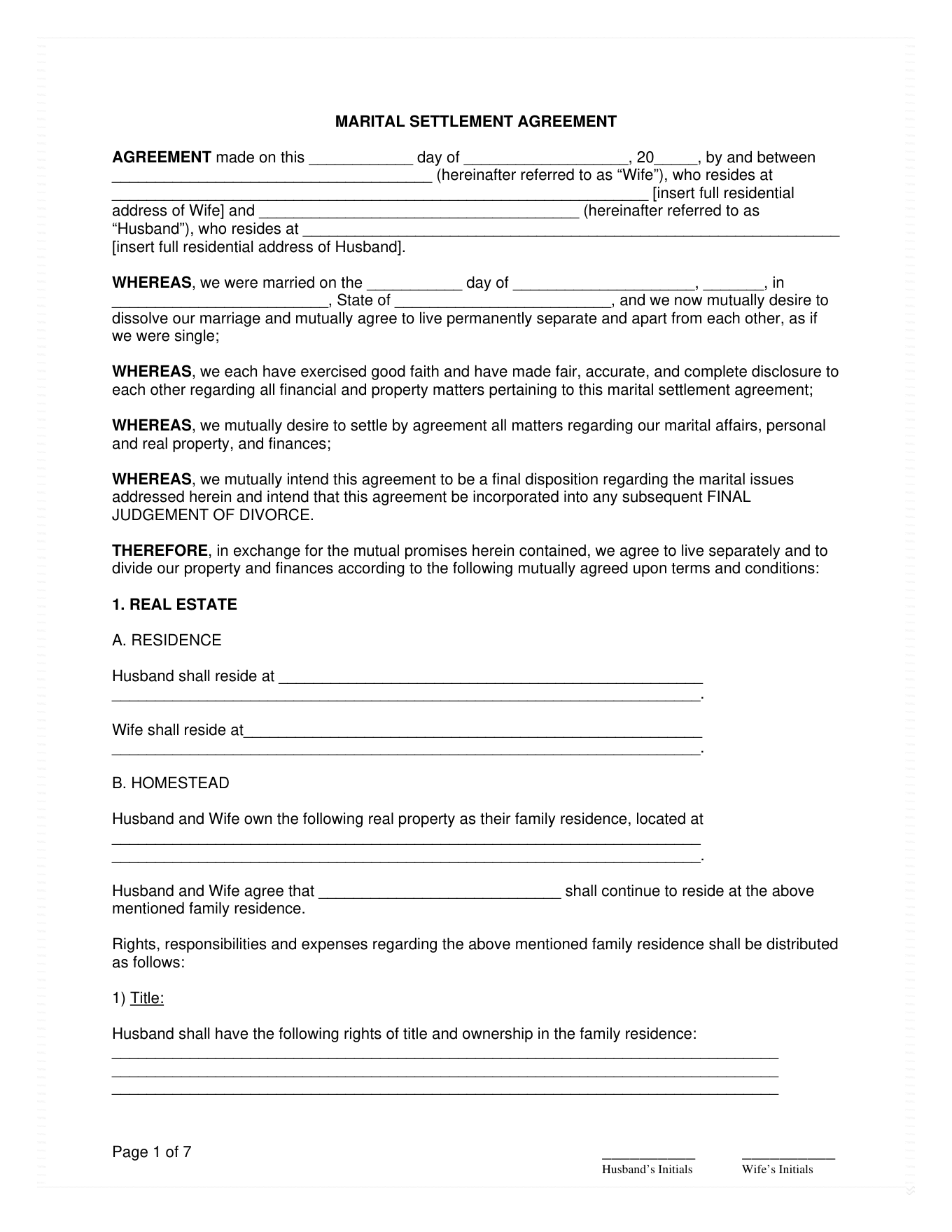 Page 1 of the PublicLegal Rhode Island Marital Settlement Agreement (No Minor Children) included in the download
