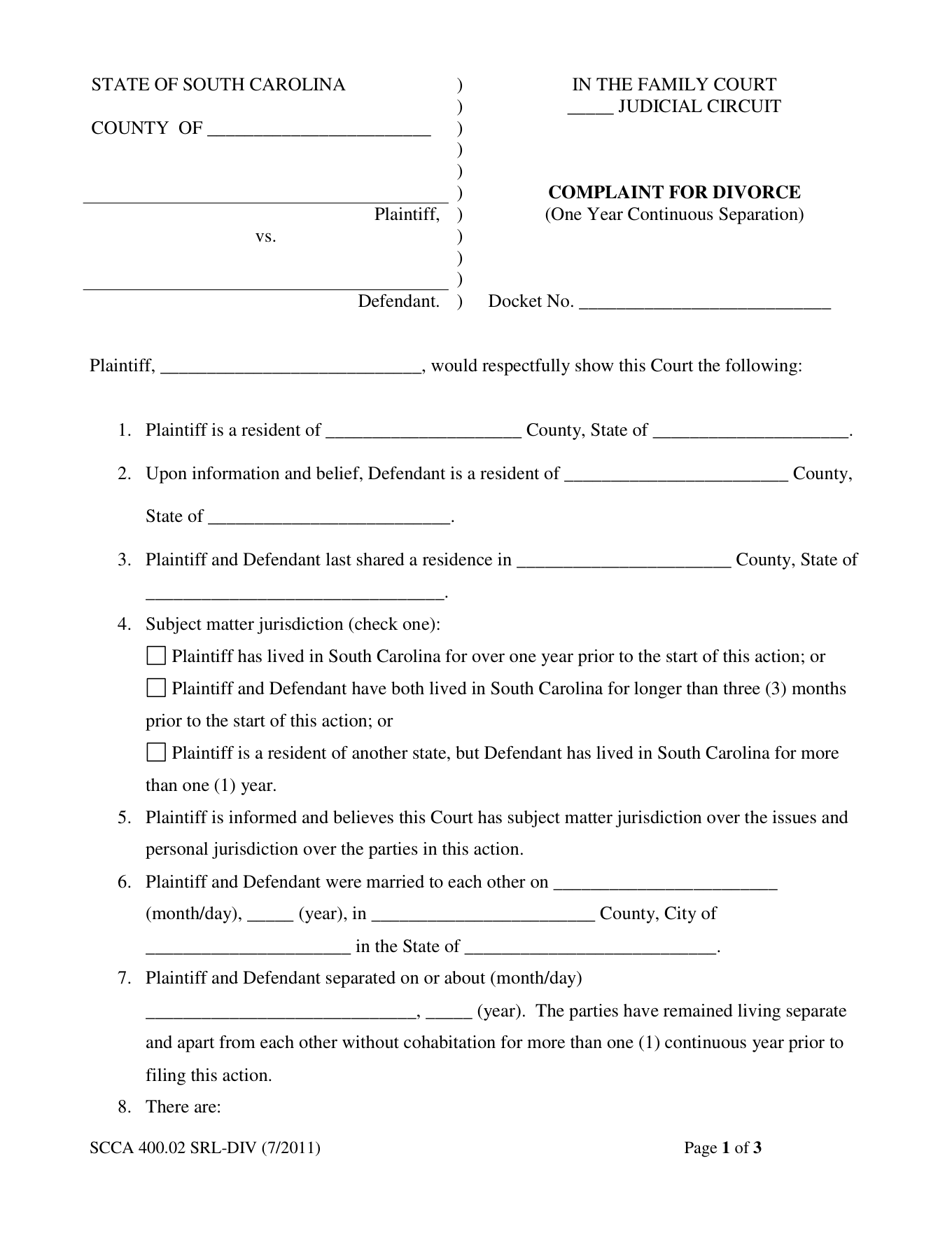 Page 1 of the blank official South Carolina Complaint for Divorce included in the download