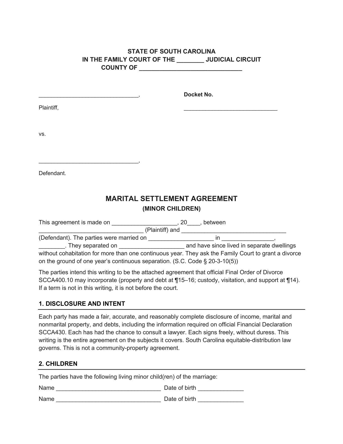 Page 1 of the blank South Carolina Marital Settlement Agreement (Minor Children) included in the download