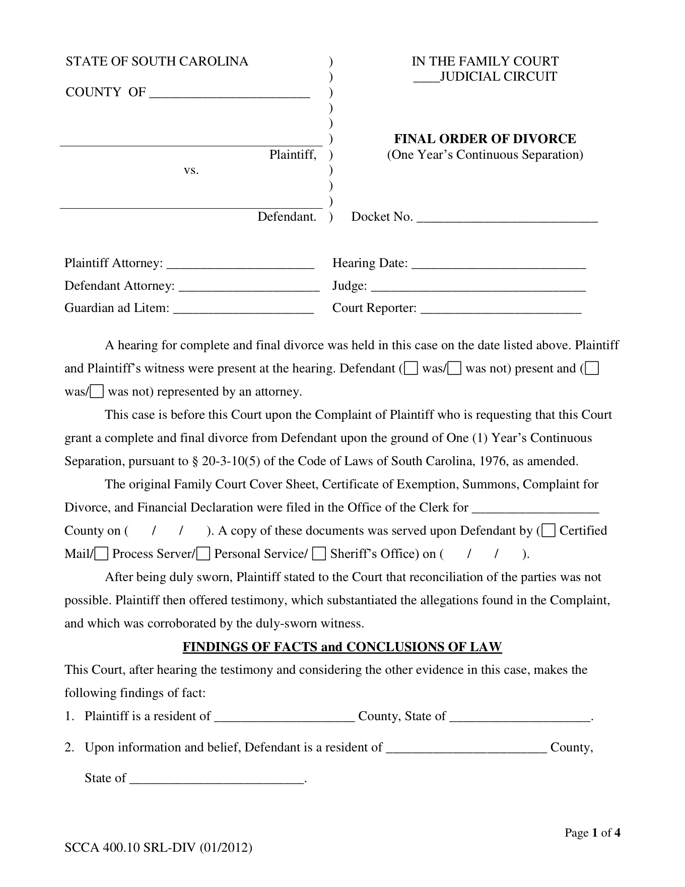 Page 1 of the blank official South Carolina Final Order of Divorce included in the download