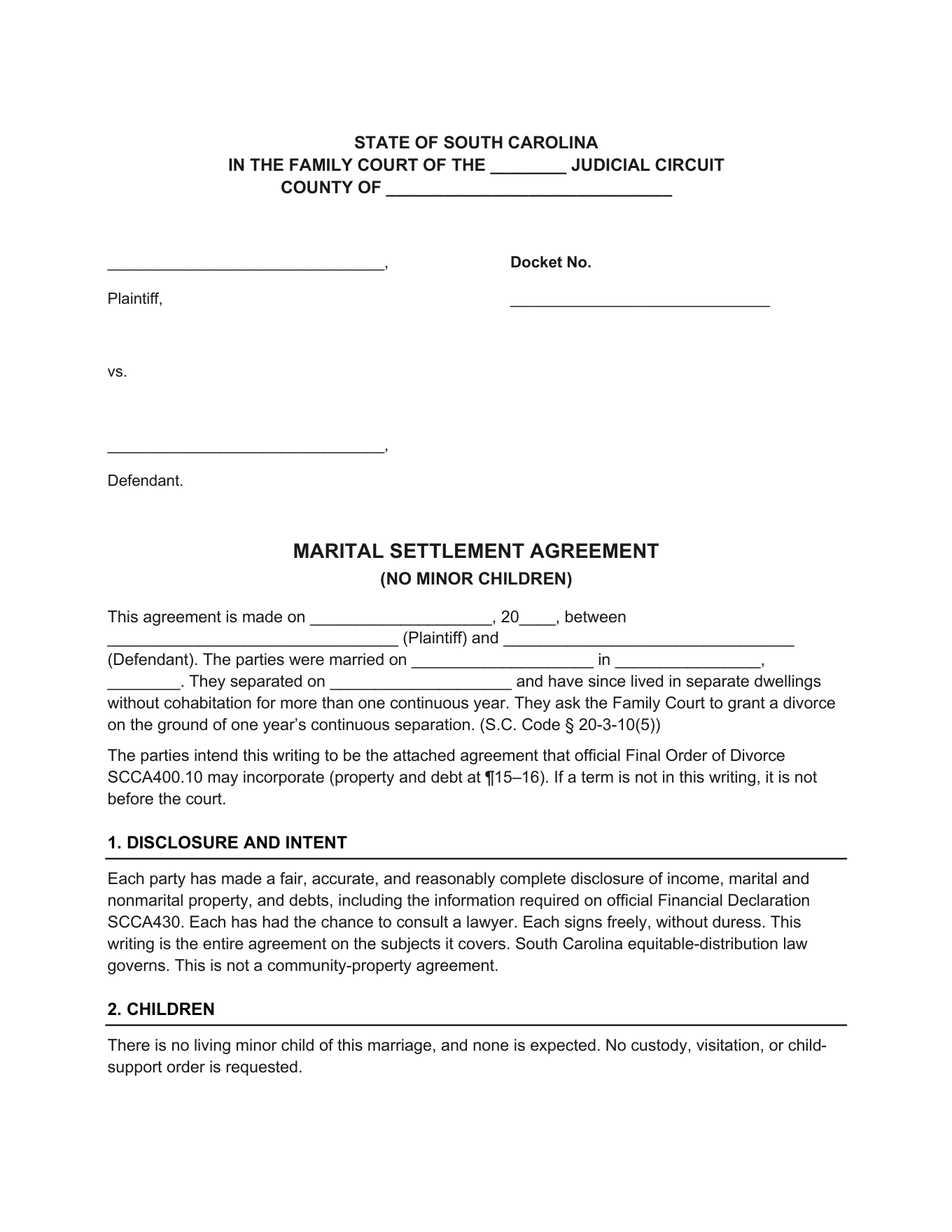 Page 1 of the blank South Carolina Marital Settlement Agreement (No Children) included in the download