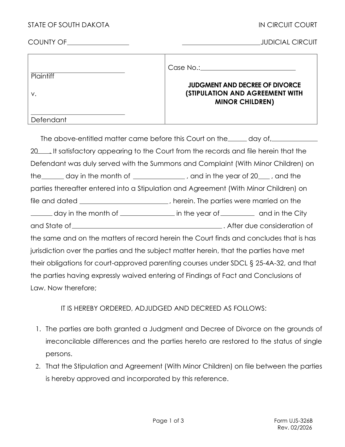Page 1 of the official South Dakota Judgment and Decree of Divorce with minor children (UJS-326B) included in the download