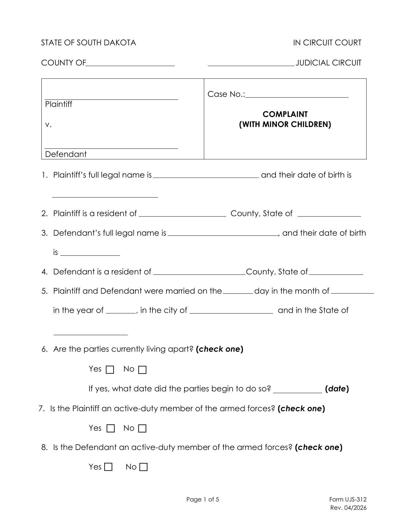 Page 1 of the official South Dakota Complaint for Divorce with minor children (UJS-312) included in the download
