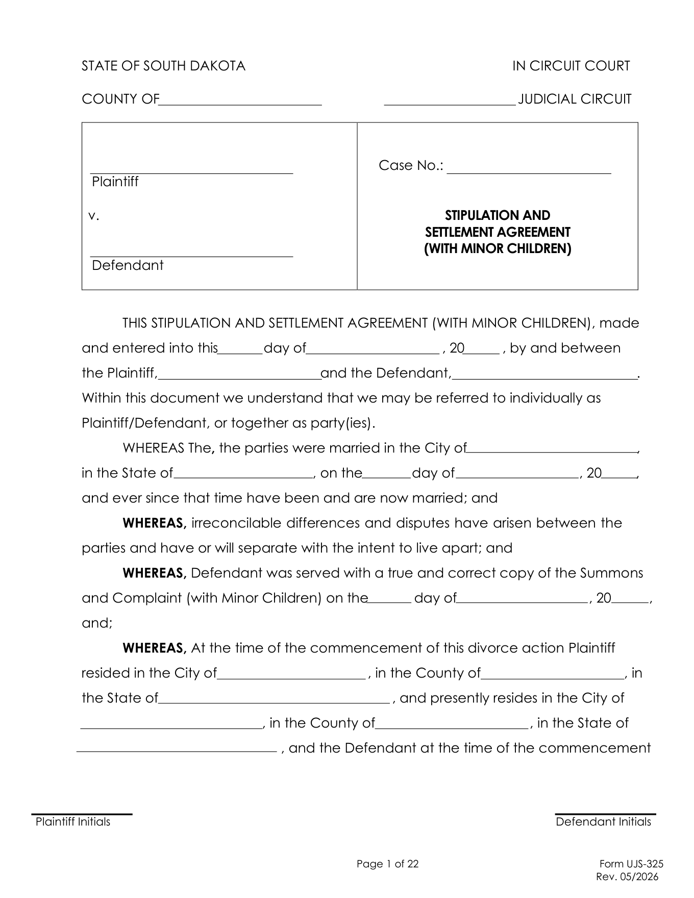 Page 1 of the official South Dakota Stipulation and Settlement Agreement with minor children (UJS-325) included in the download