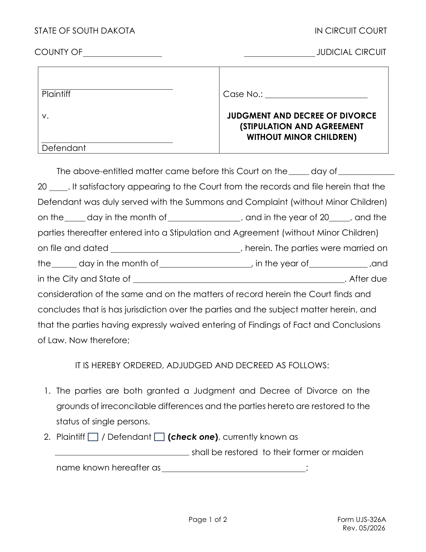 Page 1 of the official South Dakota Judgment and Decree of Divorce without minor children (UJS-326A) included in the download