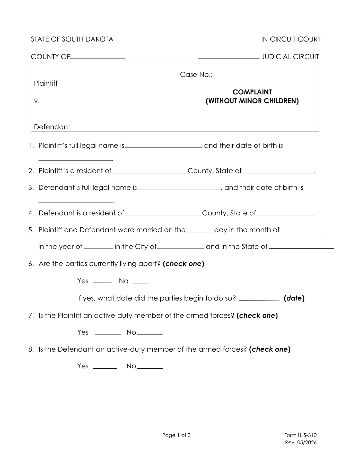 Page 1 of the official South Dakota Complaint for Divorce without minor children (UJS-310) included in the download