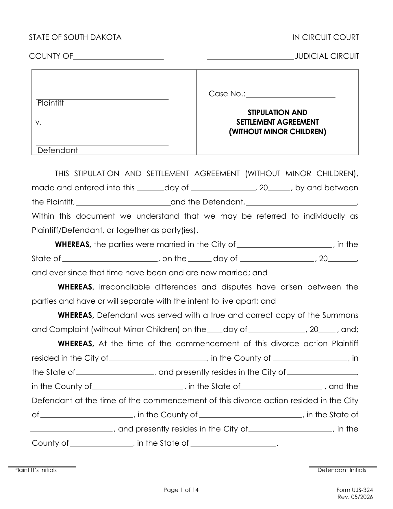 Page 1 of the official South Dakota Stipulation and Settlement Agreement without minor children (UJS-324) included in the download