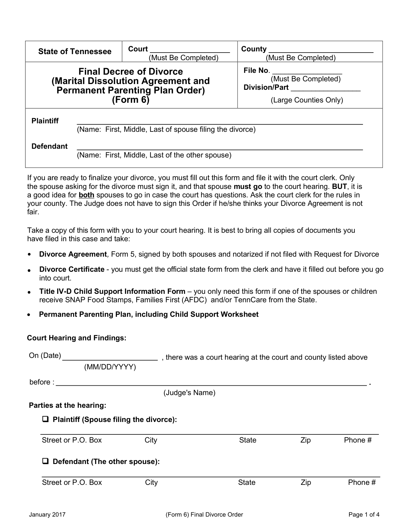 Page 1 of the blank official Tennessee Final Decree of Divorce (Minor Children) included in the download