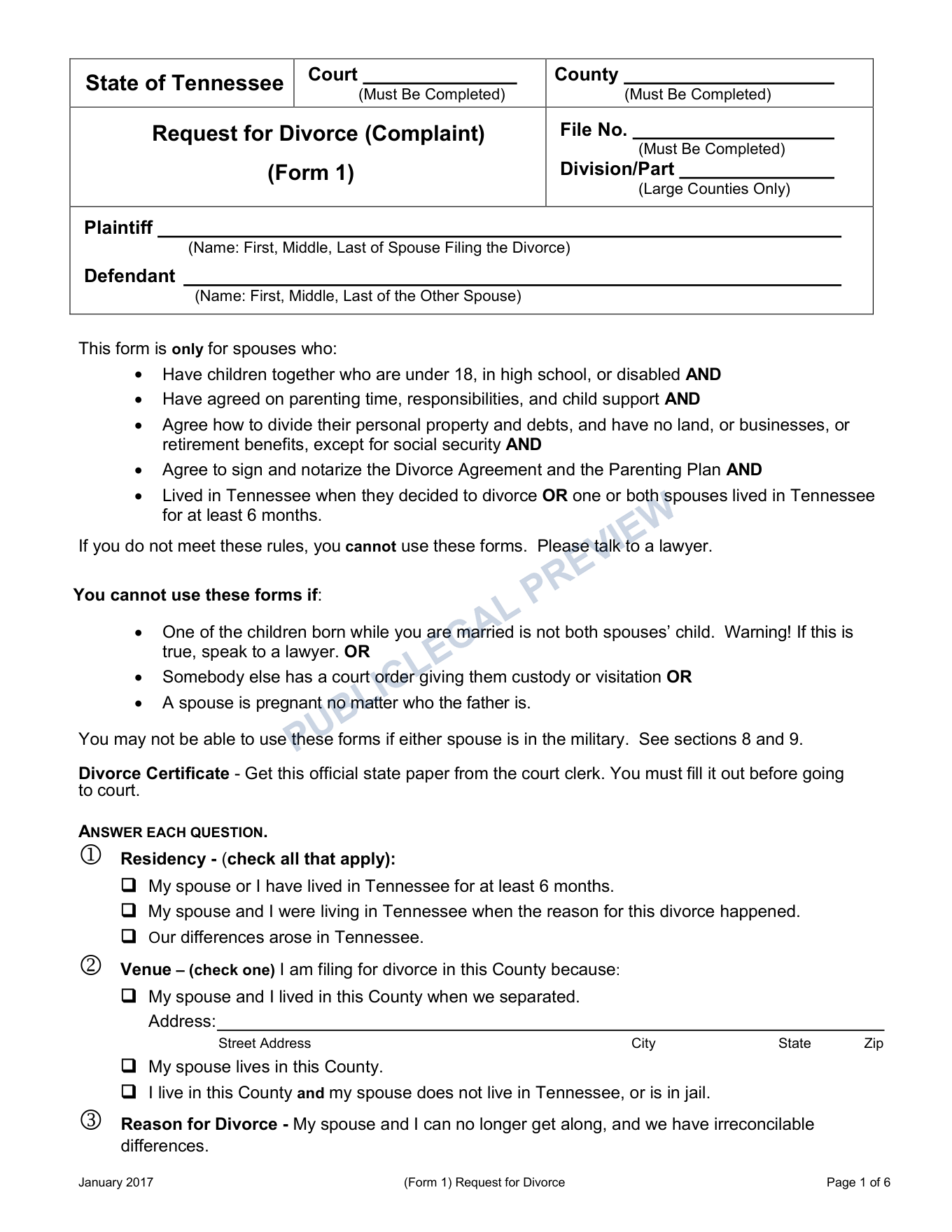 Page 1 of the blank official Tennessee Request for Divorce (Minor Children) included in the download