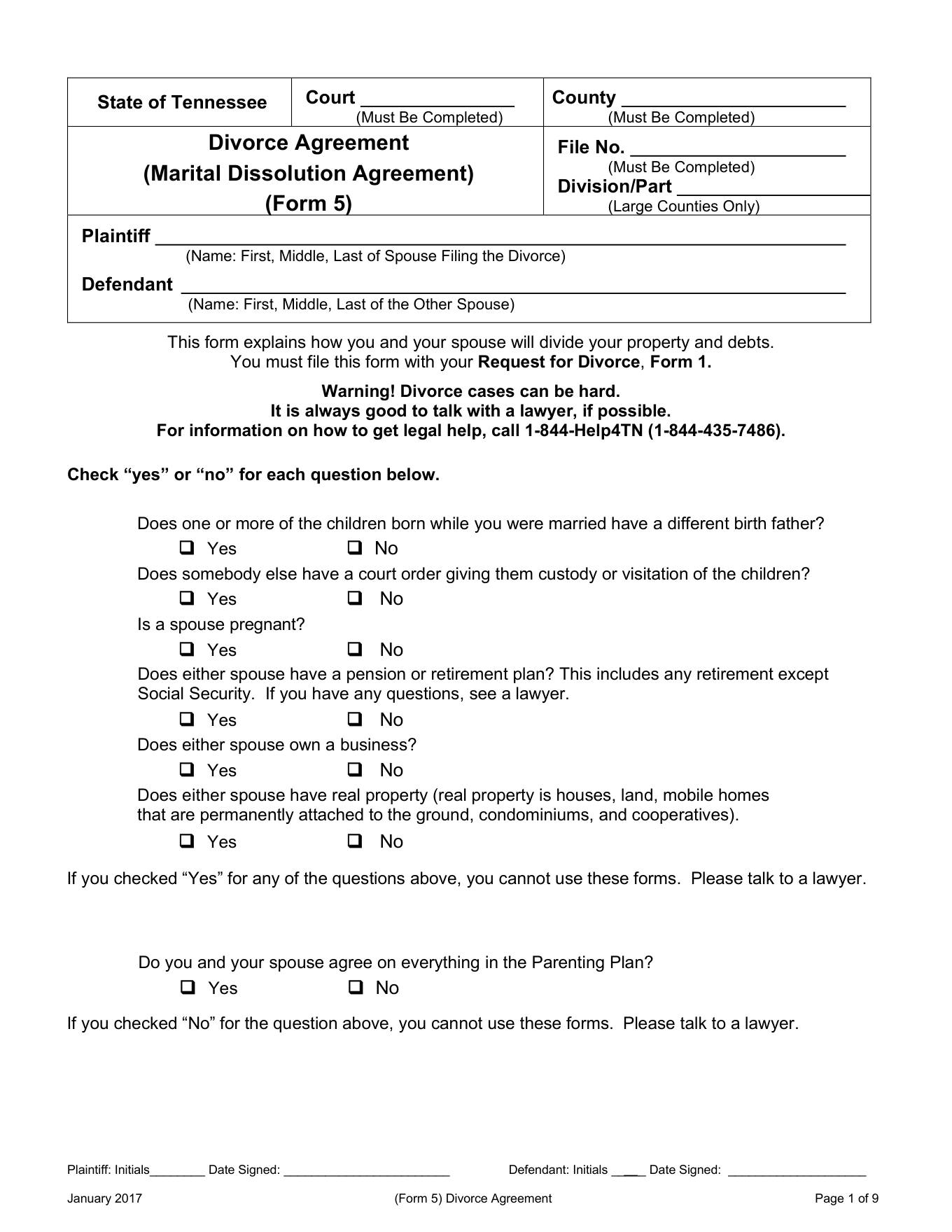 Page 1 of the blank official Tennessee Divorce Agreement (Minor Children) included in the download