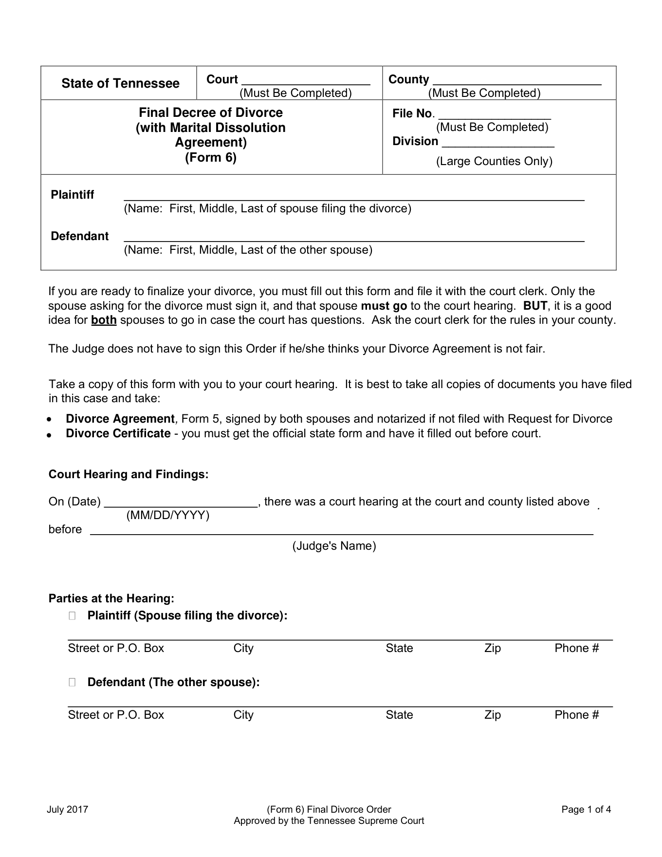 Page 1 of the blank official Tennessee Final Decree of Divorce included in the download