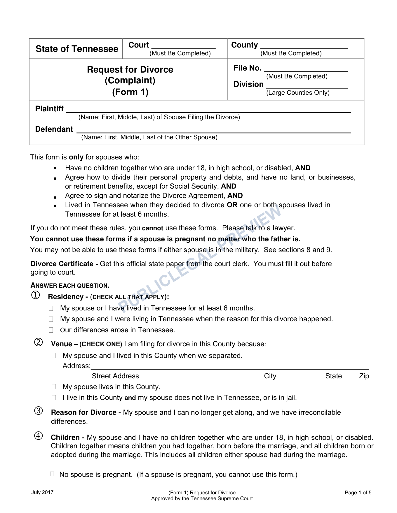 Page 1 of the blank official Tennessee Request for Divorce included in the download