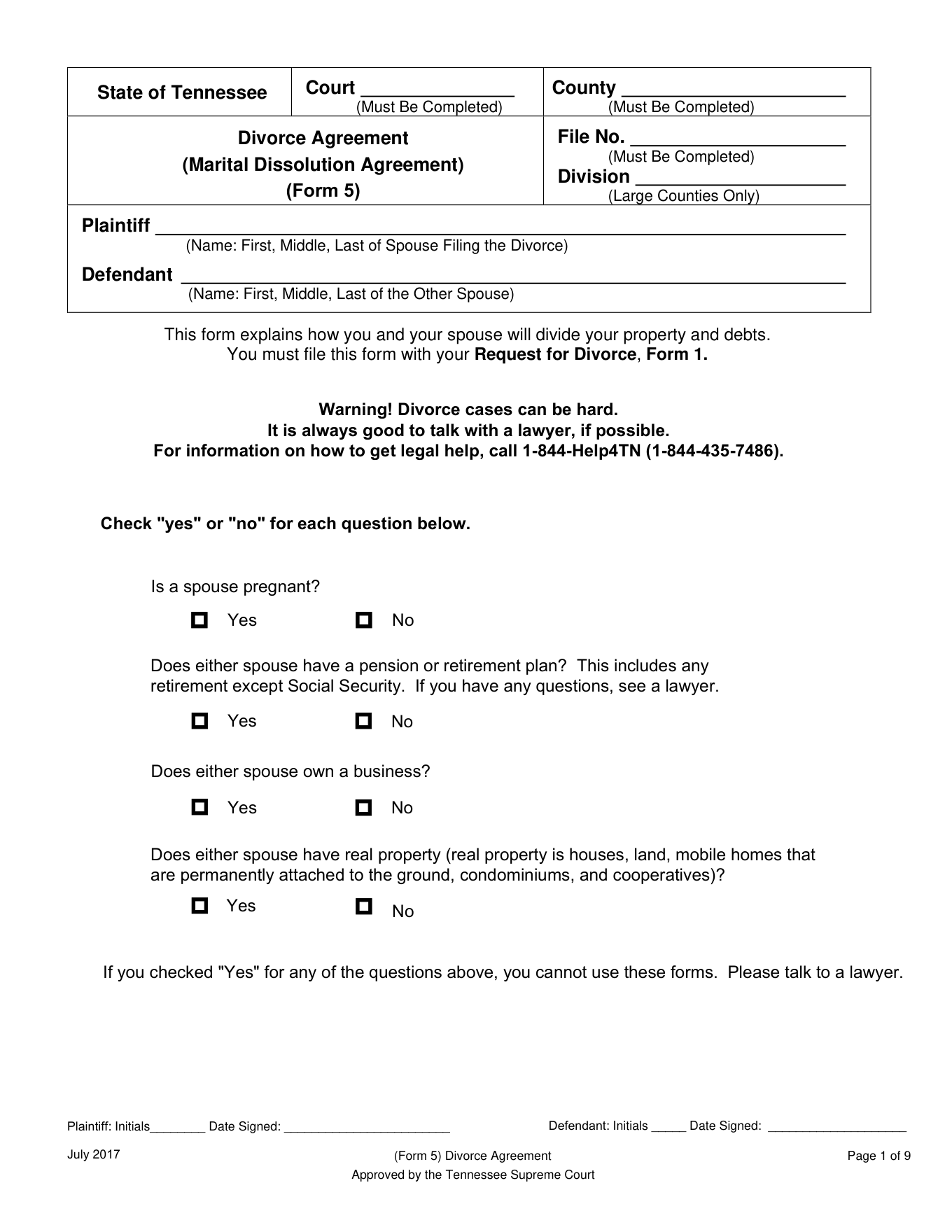 Page 1 of the blank official Tennessee Divorce Agreement included in the download