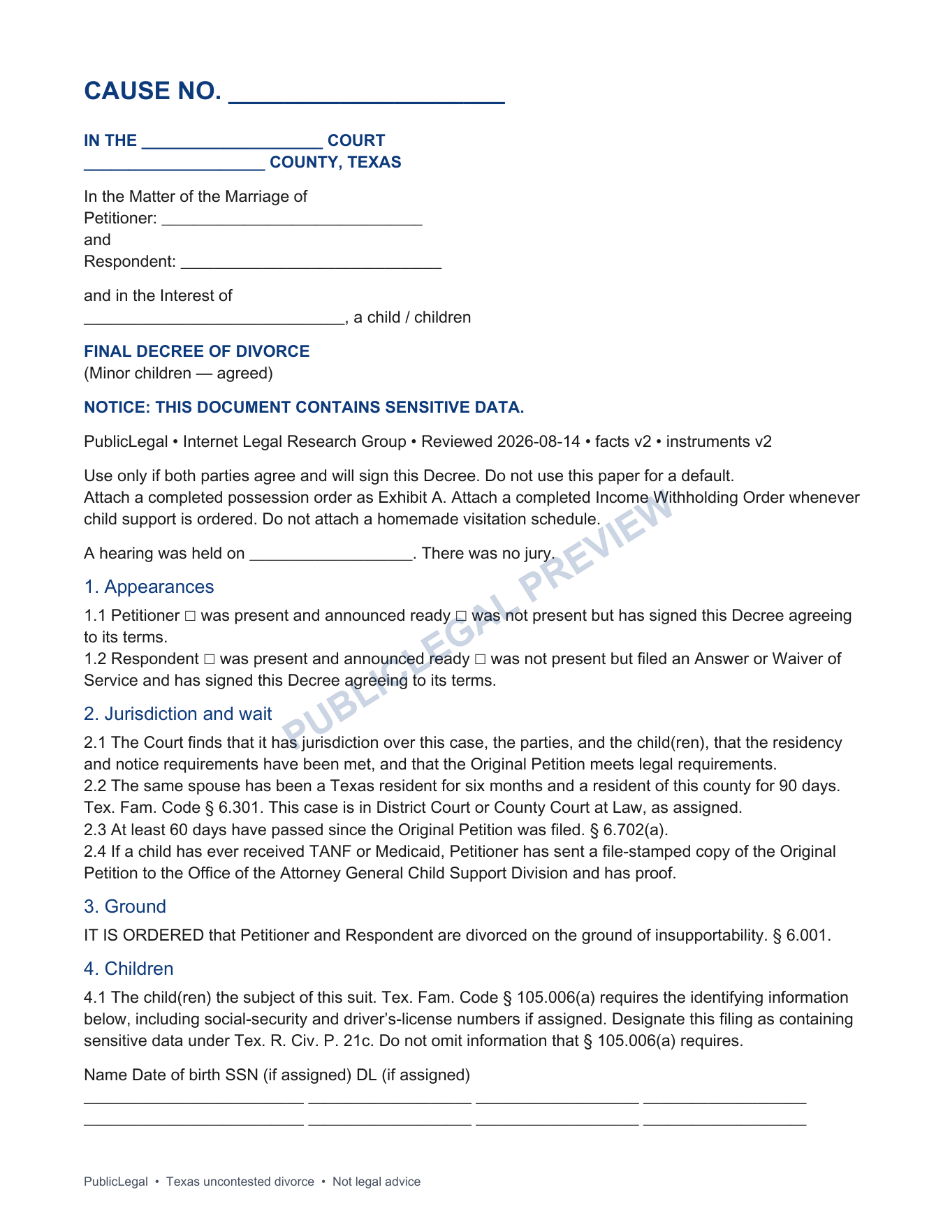 Page 1 of the PublicLegal Texas Final Decree of Divorce (Minor Children) included in the download