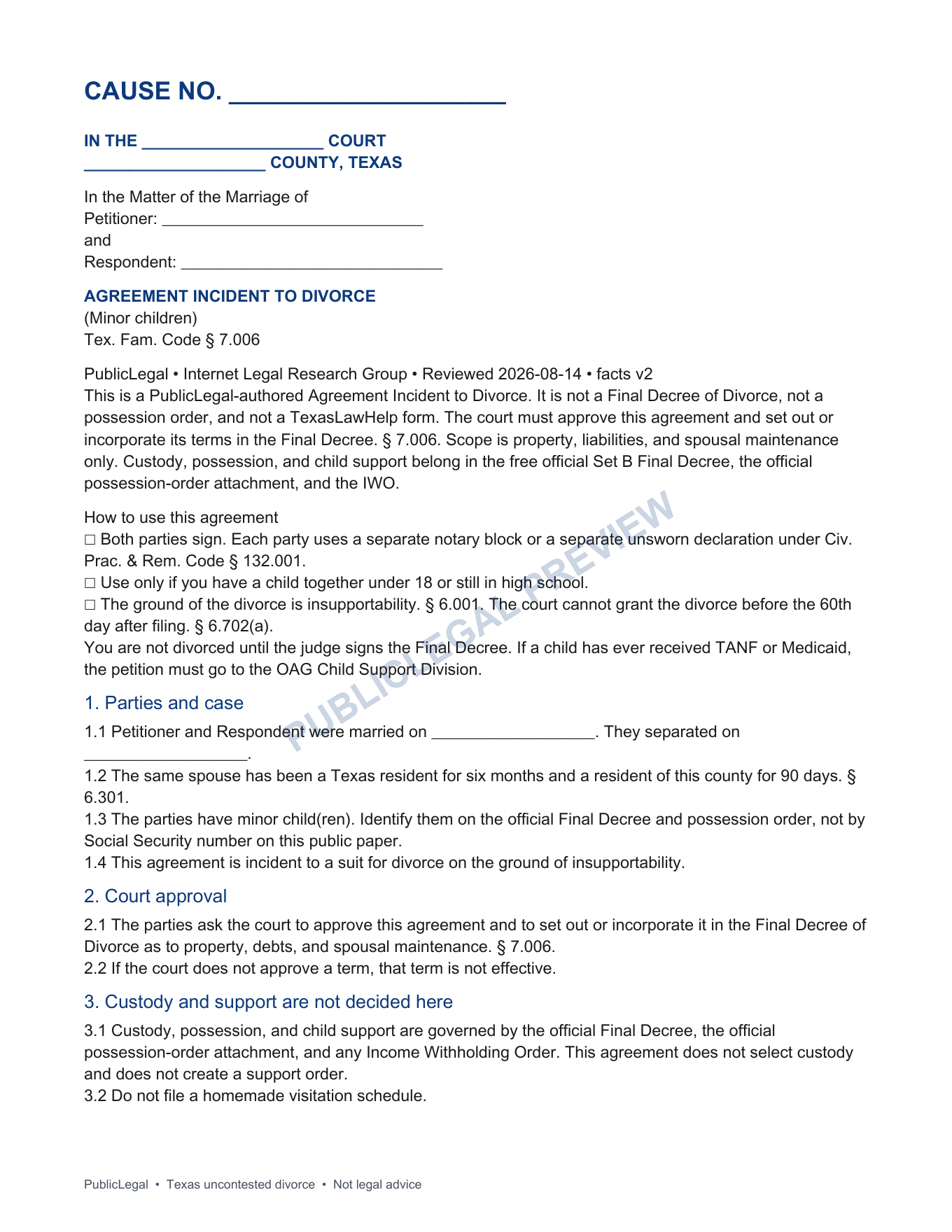 Page 1 of the PublicLegal Texas Agreement Incident to Divorce (Minor Children) included in the download