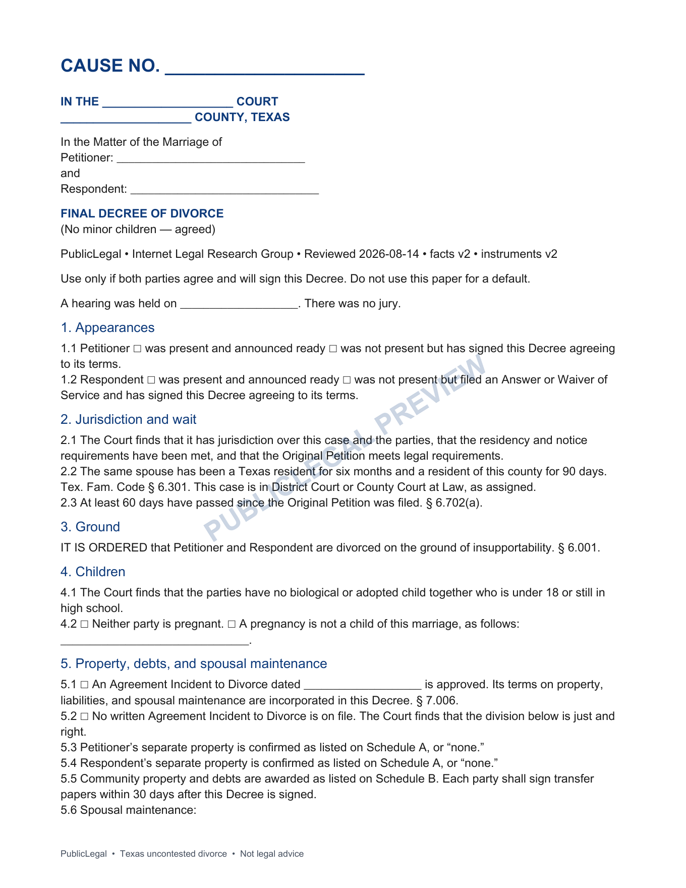 Page 1 of the PublicLegal Texas Final Decree of Divorce included in the download
