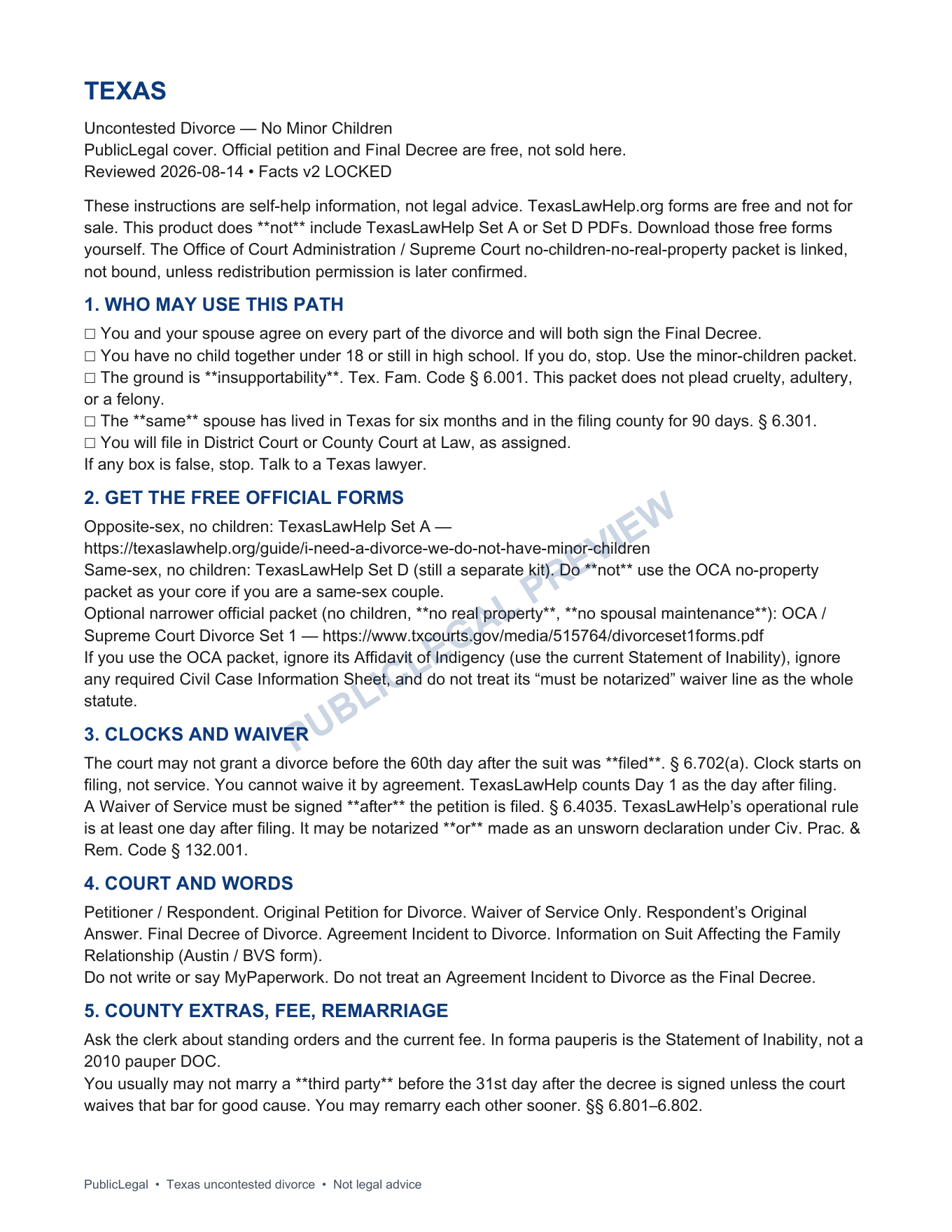Page from the PublicLegal Texas no-children divorce guide included in the download