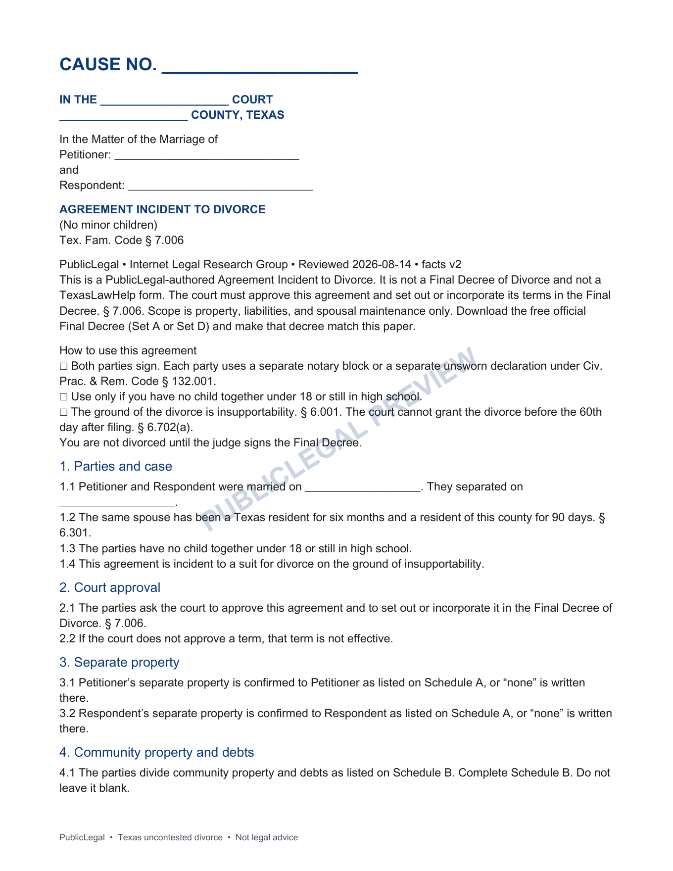 Page 1 of the PublicLegal Texas Agreement Incident to Divorce included in the download