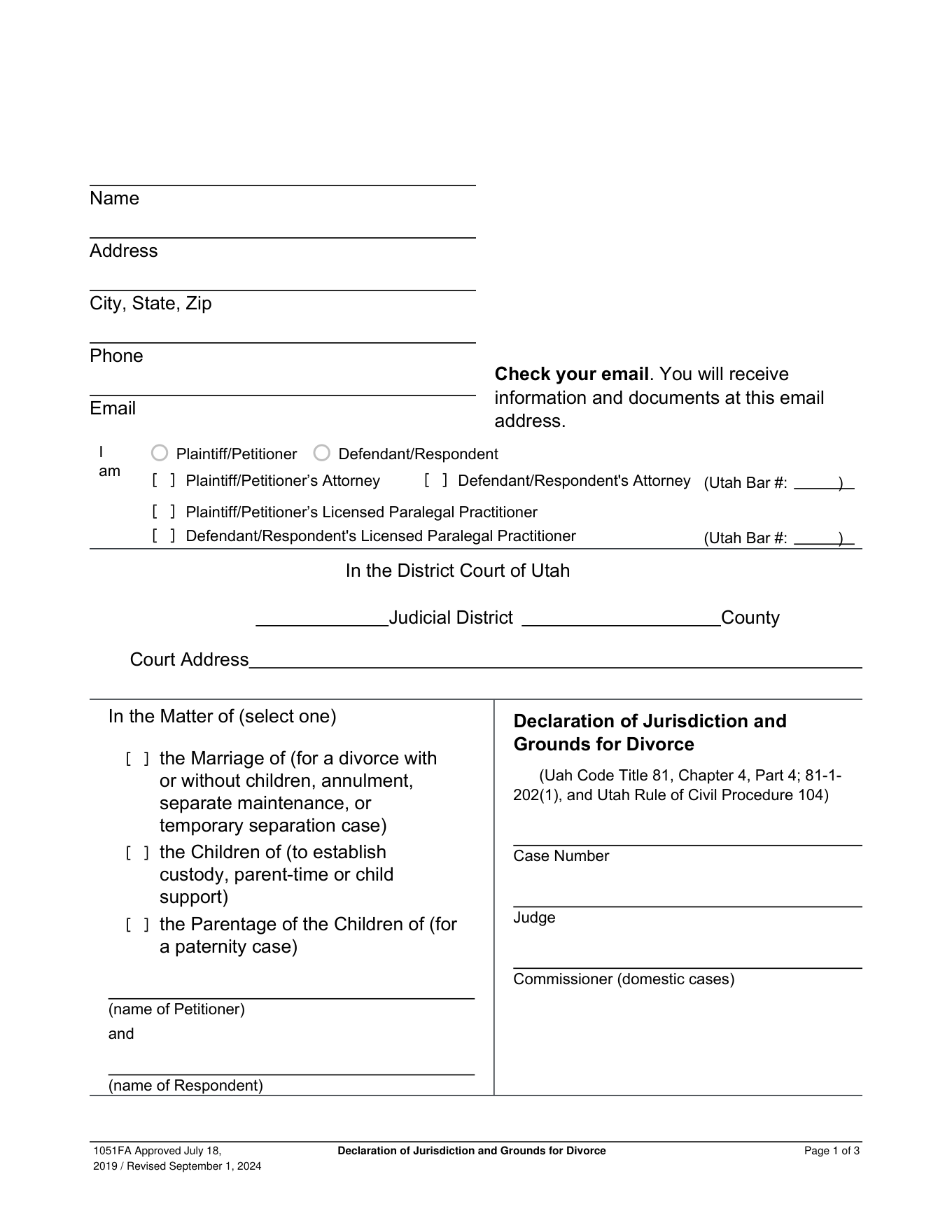 Page 1 of the official Utah Declaration of Jurisdiction included in the children decree download