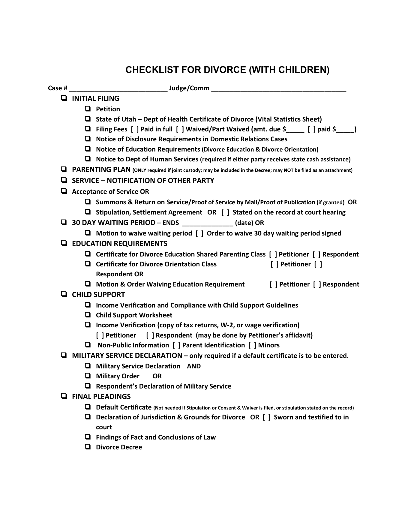 Page 1 of the official Utah Courts minor-children divorce checklist included in the download