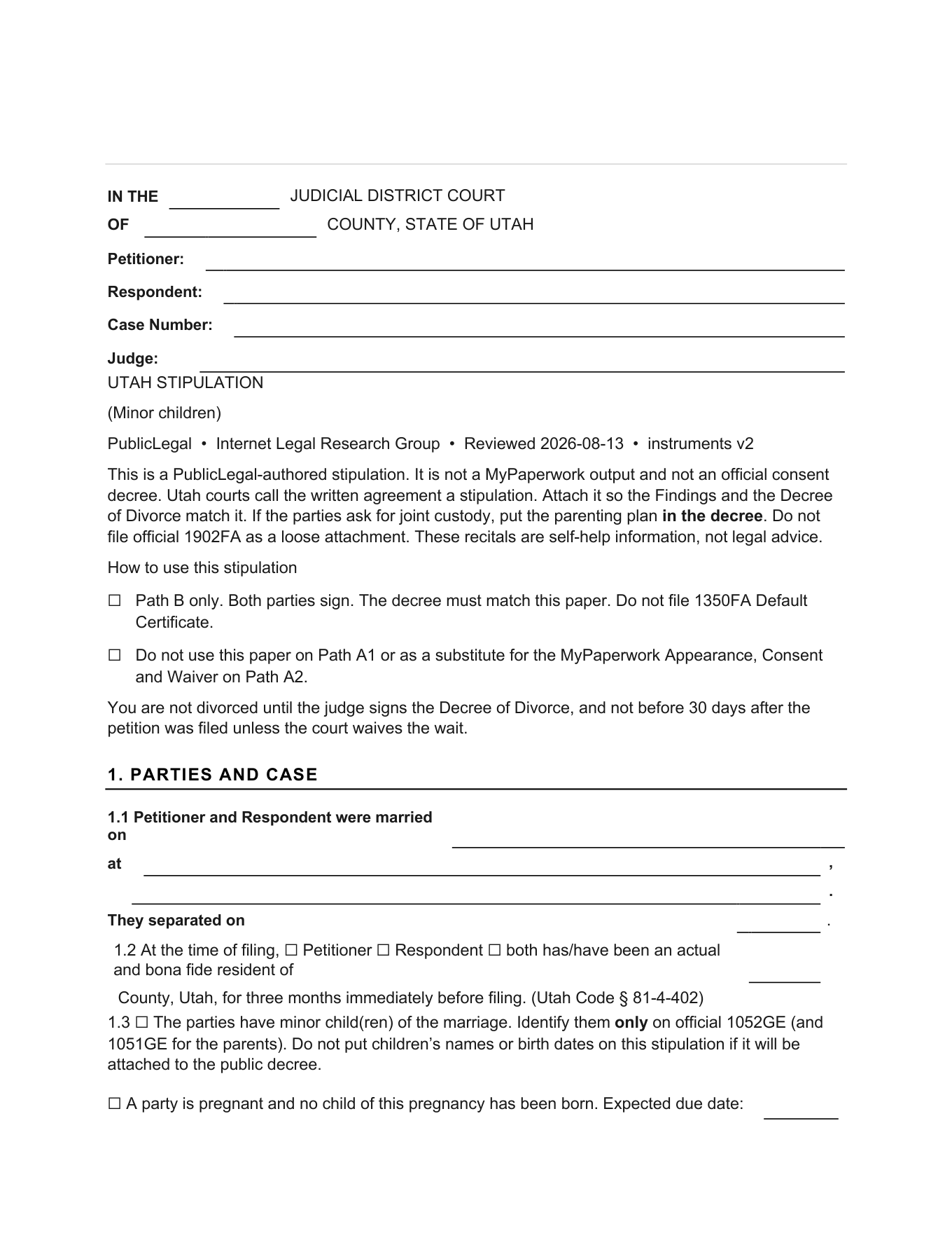 Page 1 of the PublicLegal Utah minor-children stipulation included in the download, caption first