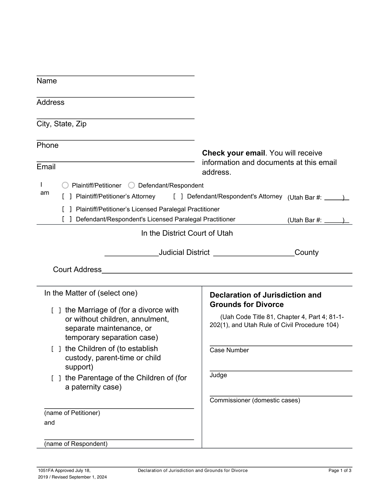 Page 1 of the official Utah Declaration of Jurisdiction included in the no-children decree download