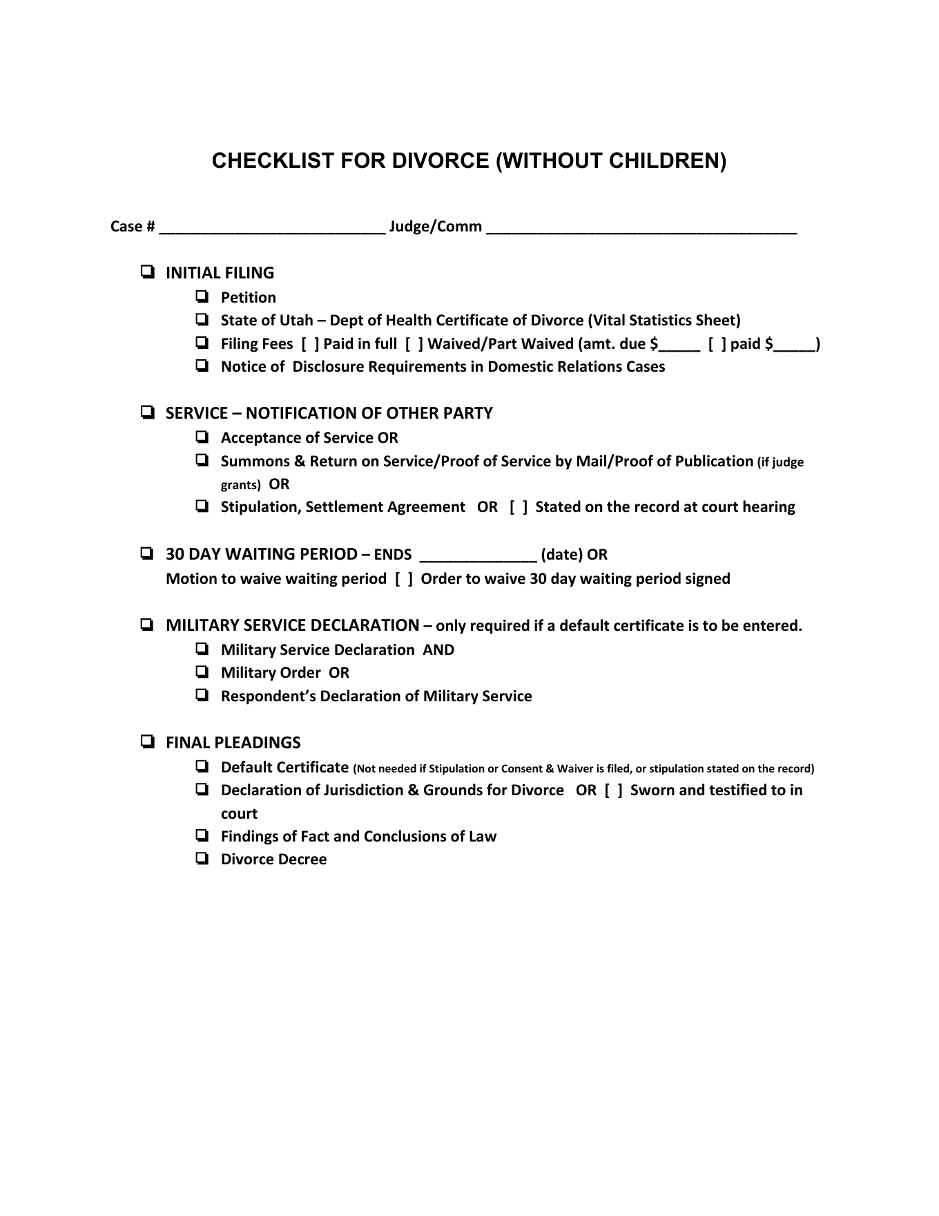Page 1 of the official Utah Courts no-children divorce checklist included in the download