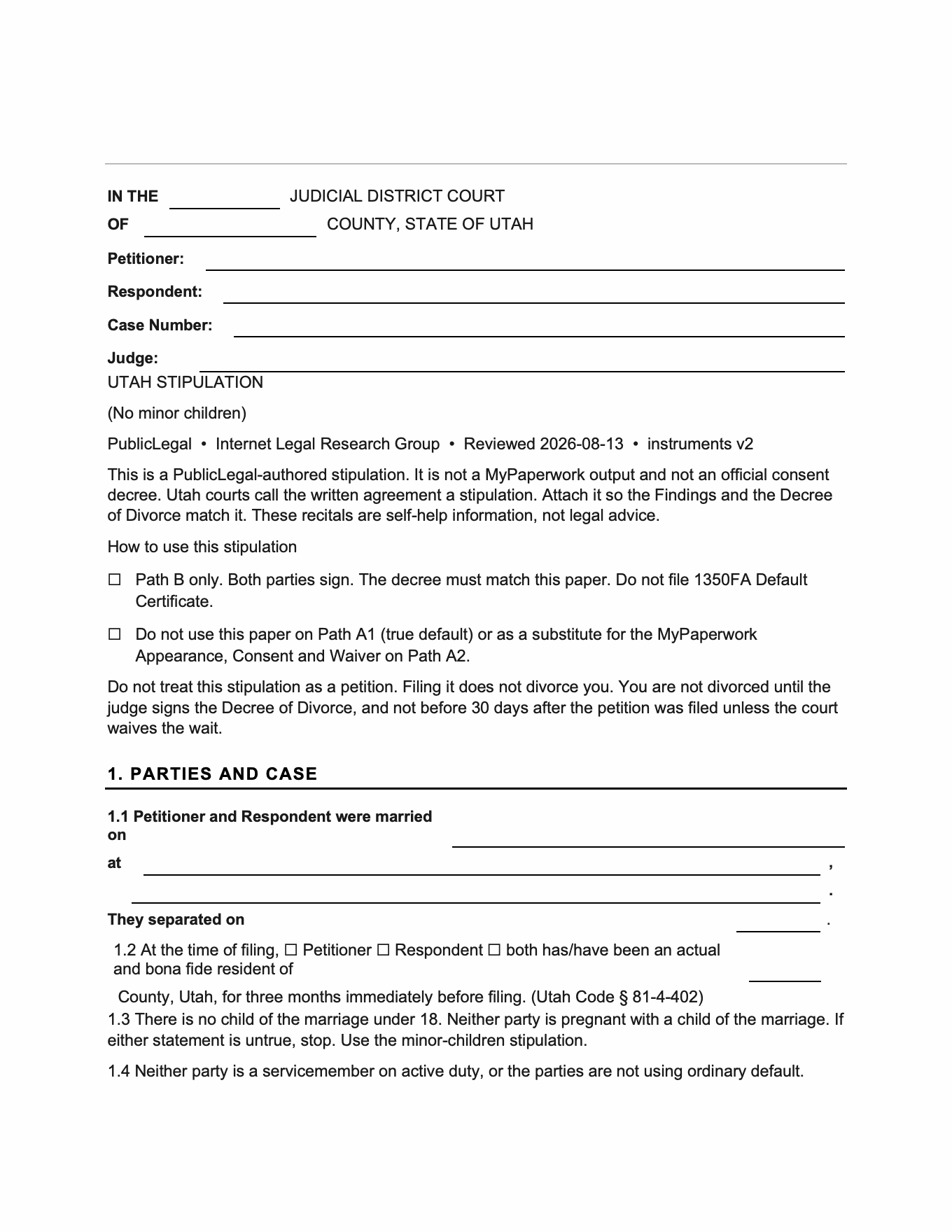 Page 1 of the PublicLegal Utah no-children stipulation included in the download, caption first