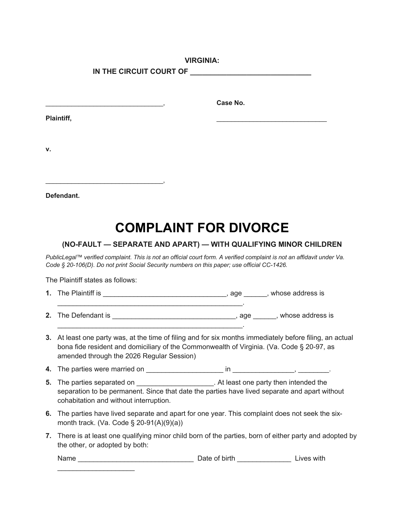 Page 1 of the blank Virginia Complaint for Divorce (Minor Children) included in the download