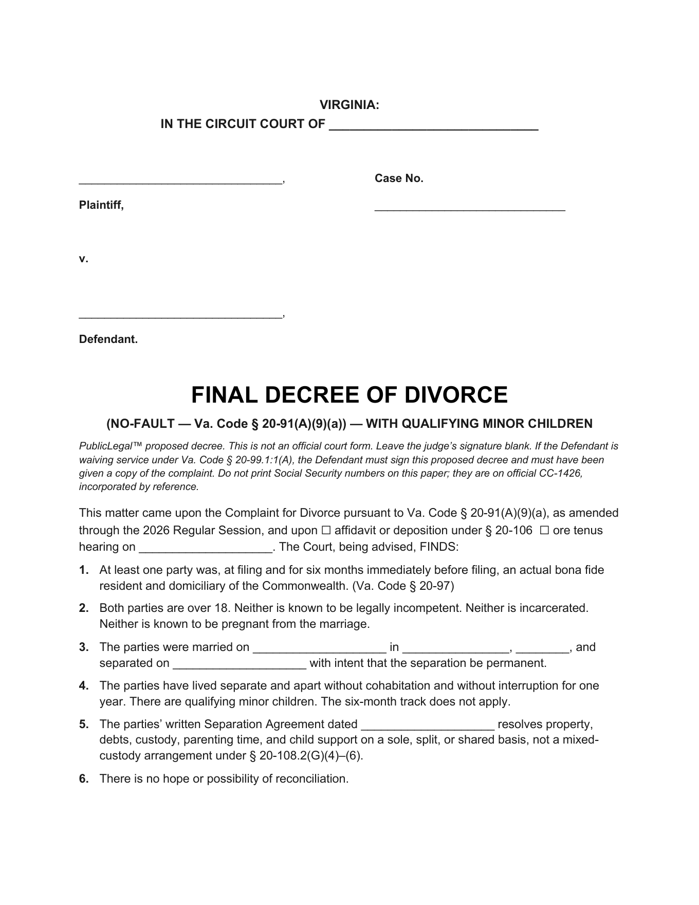 Page 1 of the blank Virginia Final Decree of Divorce (Minor Children) included in the download