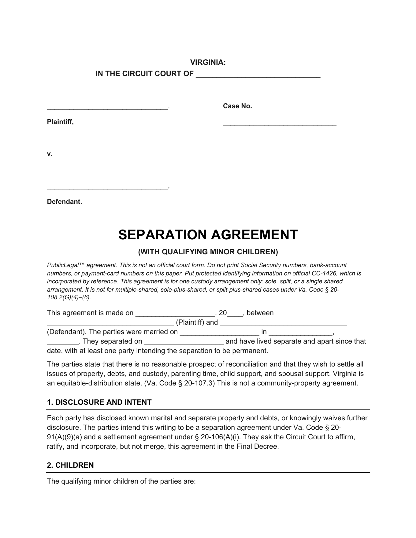 Page 1 of the blank Virginia Separation Agreement (Minor Children) included in the download