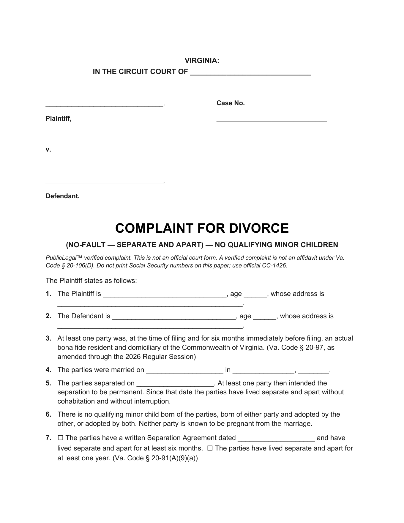 Page 1 of the blank Virginia Complaint for Divorce included in the download