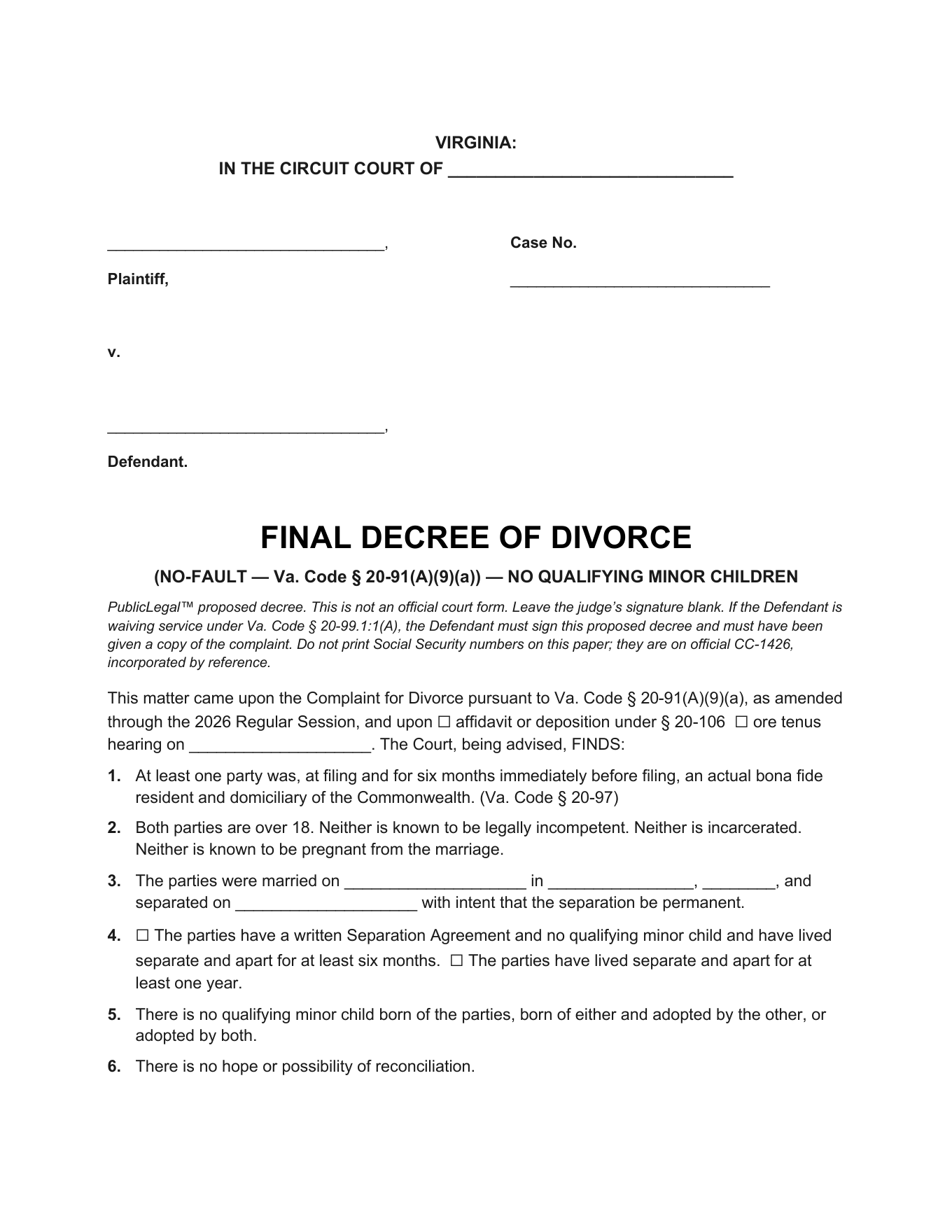 Page 1 of the blank Virginia Final Decree of Divorce included in the download