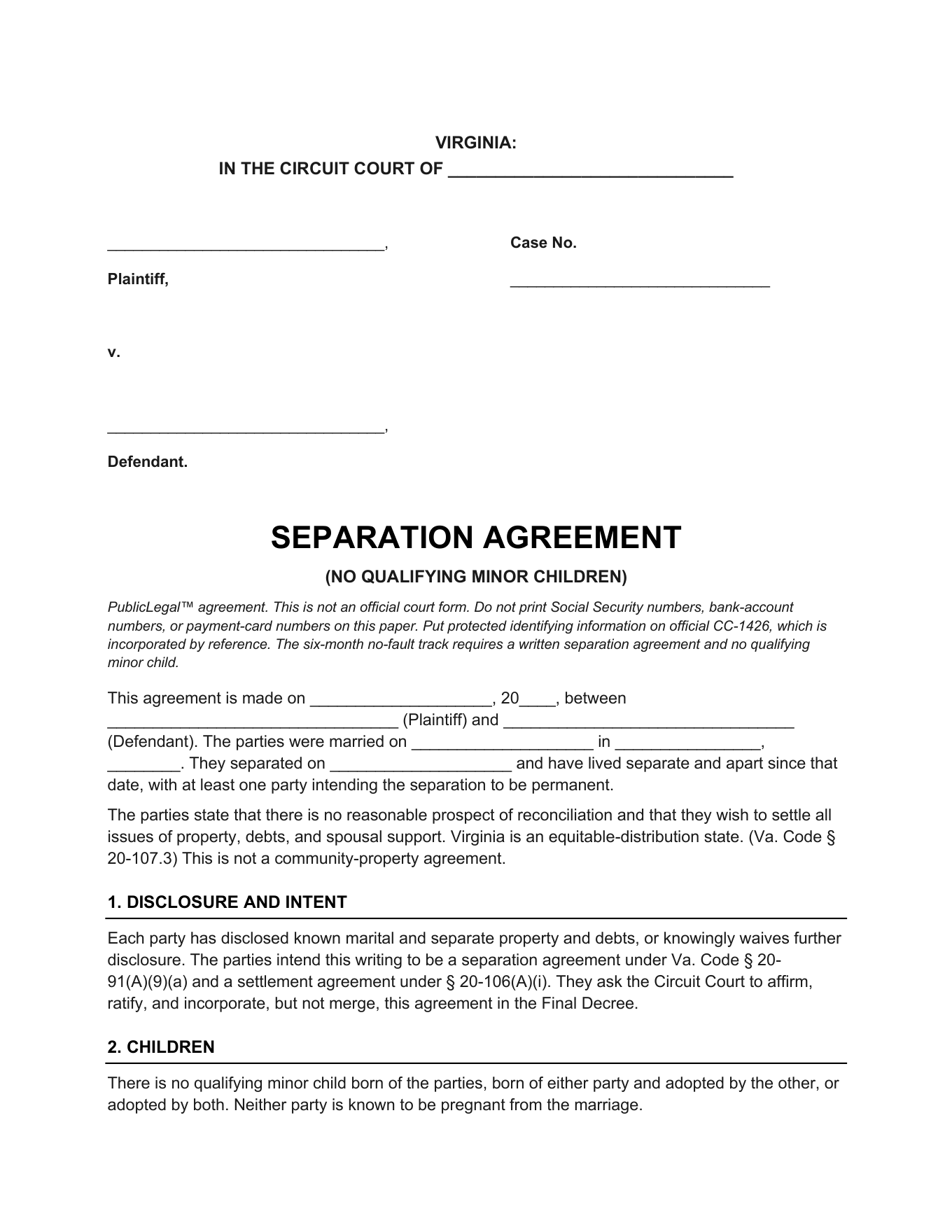 Page 1 of the blank Virginia Separation Agreement (No Children) included in the download