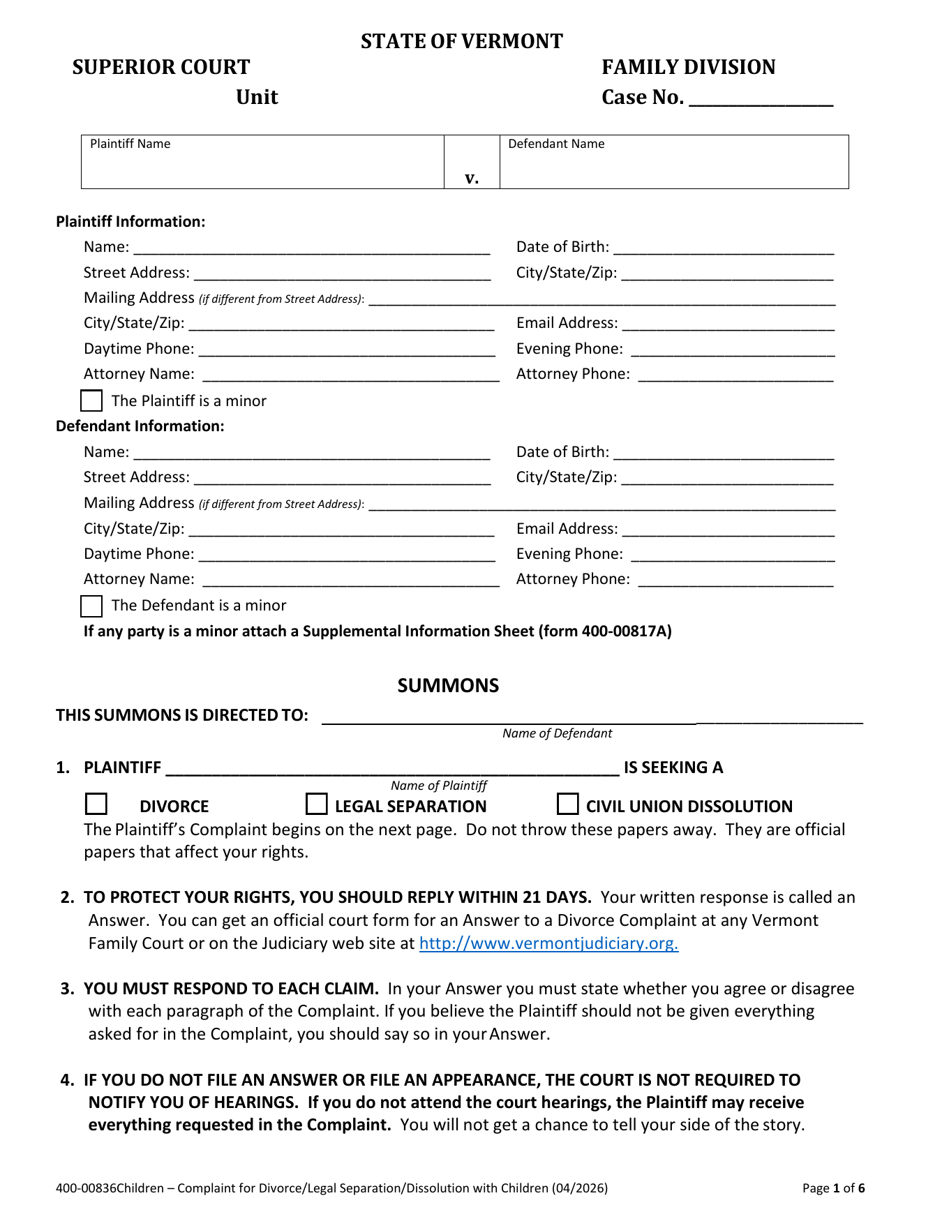 Page 1 of the official Vermont Summons and Complaint for Divorce with children included in the download